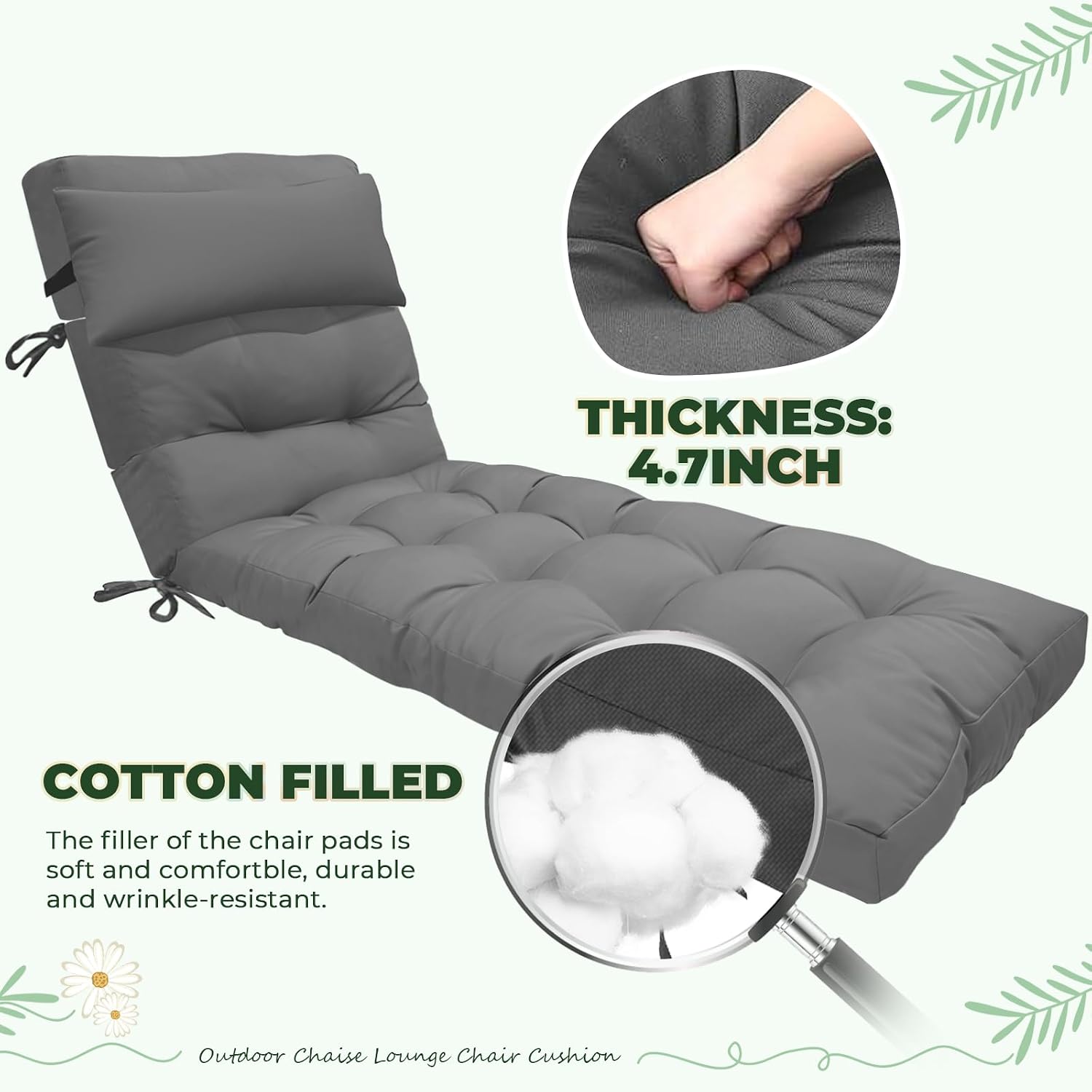 76 x 22 x 4.7 Waterproof Chaise Lounge Chair Cushion Outdoor Gray thumbnail