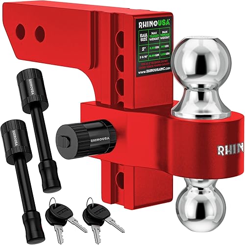 Rhino USA Adjustable Trailer Hitch (Fits 2-Inch Receiver) - Heavy Duty Aluminum Tow Hitches with 6-Inch Drop/Rise for Truck (12,500 LBS GTW) - Weatherproof Double Anti-Theft Locking Hitch Pins (Red)