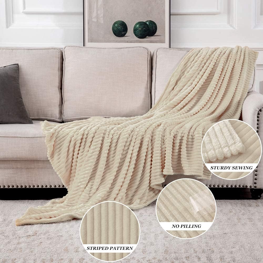 MIULEE Fleece Throw Blanket with Stripe Pattern Fuzzy Flannel Beige Blanket for Couch Plush Warm Cozy Bed Blanket Boho Decor for Bed Sofa Chair Twin Size 60"x80" - Image 4