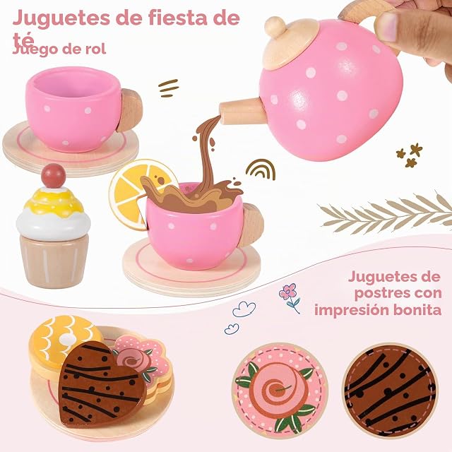 Foto 5 de 7 de ZHHGOO Juego de té Infantil,Madera Juego de té Juguete con Postre Juguete