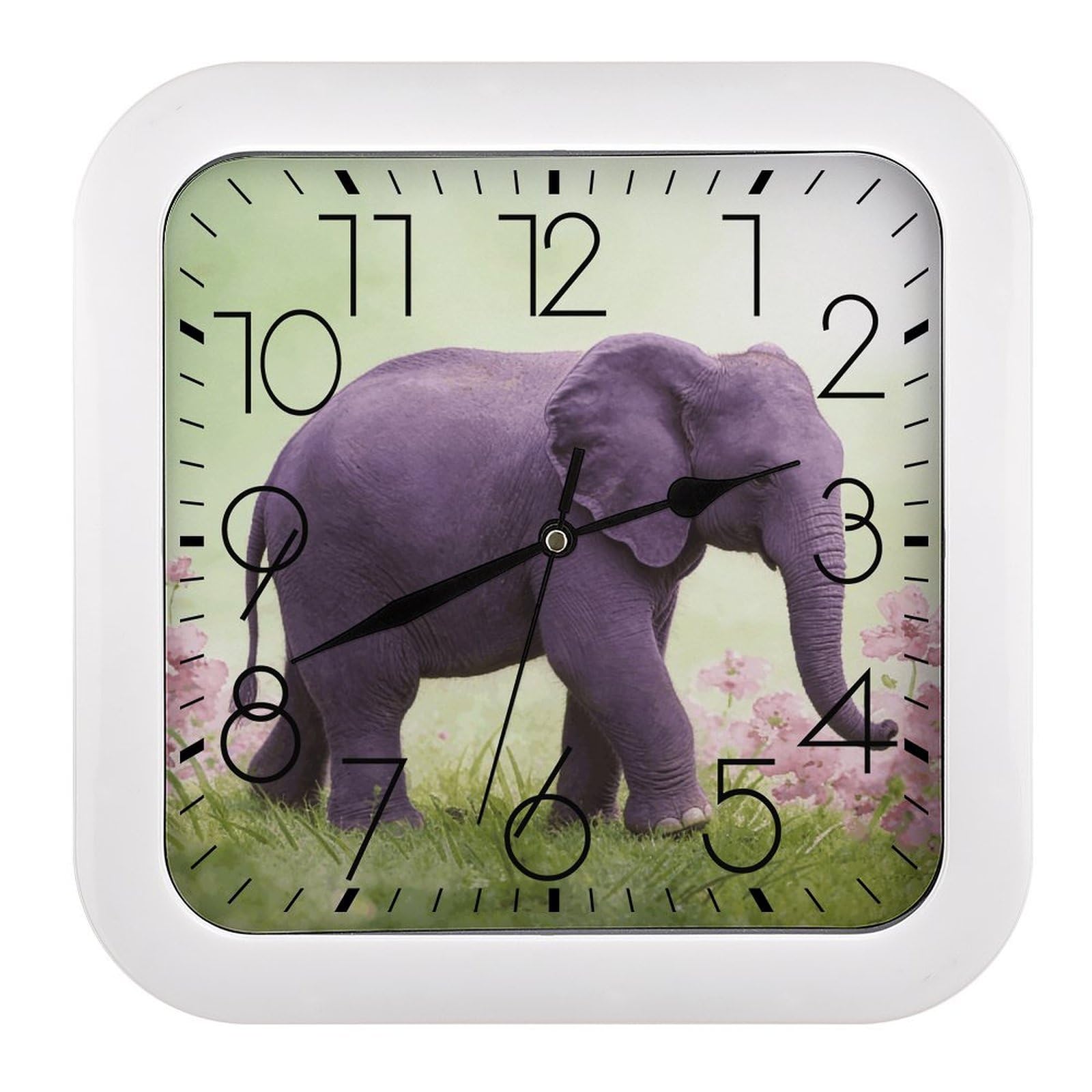 LZQPOEAS Purple Elephant Square Wall Clock, 10.2 Inch Battery Operated Silent Non-Ticking Wall Clock, Square Analog Decorative Clock for Home Wall Art, Living Room, Bedroom, and Office