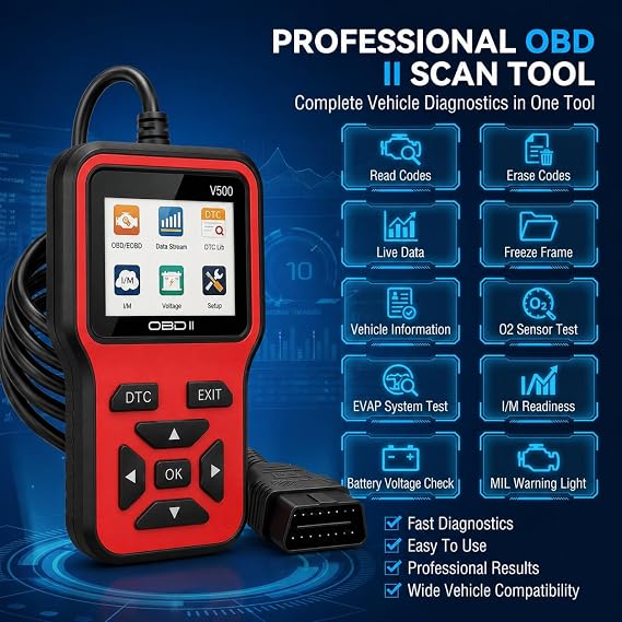 OBD2 Scanner, V500 Red Car Diagnostic Tool - Car Diagnostic Scanner OBD Reader with Reset, DTC, Data Stream, I/M Readiness for Gas Vehicles Since 1996