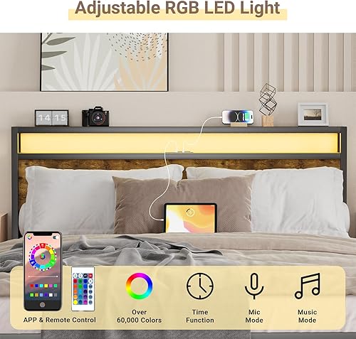 Miniatura 3 de Base de cama tamaño Queen con cabecera de almacenamiento, marco de cama de plataforma de metal con luces LED RGB y puertos USB, listones de metal