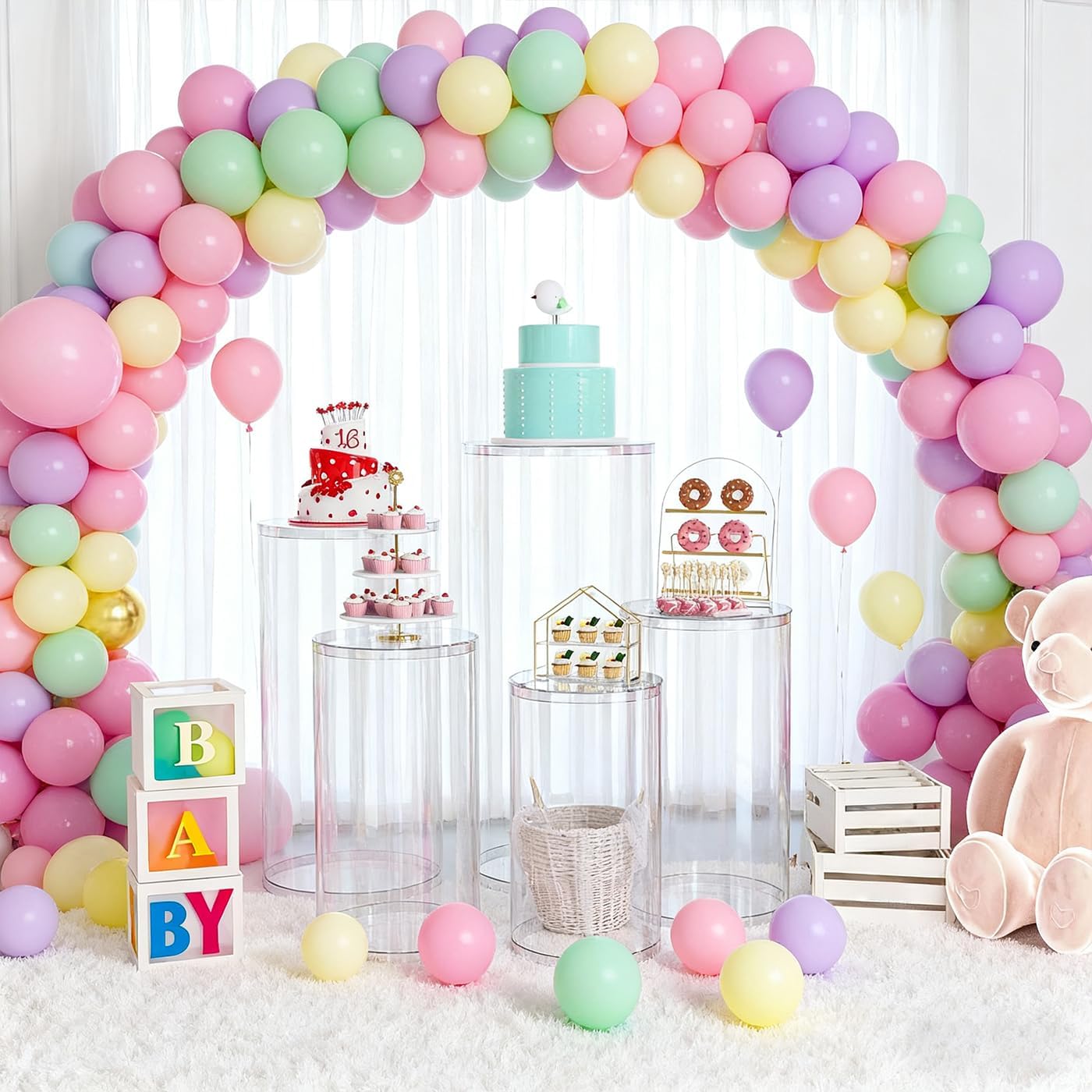 5Pcs Clear Cylinder Pedestal Stands for Party, PVC Pedestal Display Stands Thickened Sturdy Acrylic Column Tables Display Plinth Pillars for Wedding, Birthday, Event