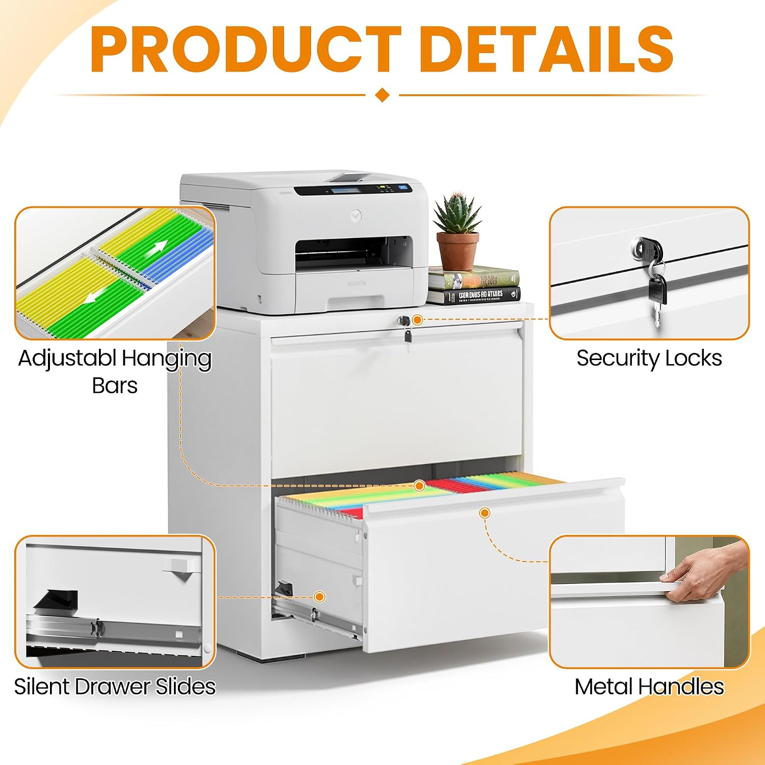 2 Drawer Lateral File Cabinet with Lock, 26.7"W File Cabinets for Home Office, Office Furniture for Organization Hanging Legal/Letter/A4, Metal Filing Cabinet Storage Cabinet, Require Assembly, White