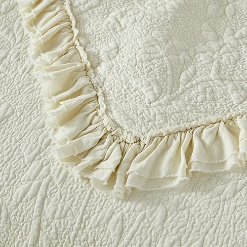 Miniatura 9 de Brandream Juego de edredón blanco crema tamaño Queen de algodón Matelasse ropa de cama de lujo con volantes juego de edredón de 3 piezas