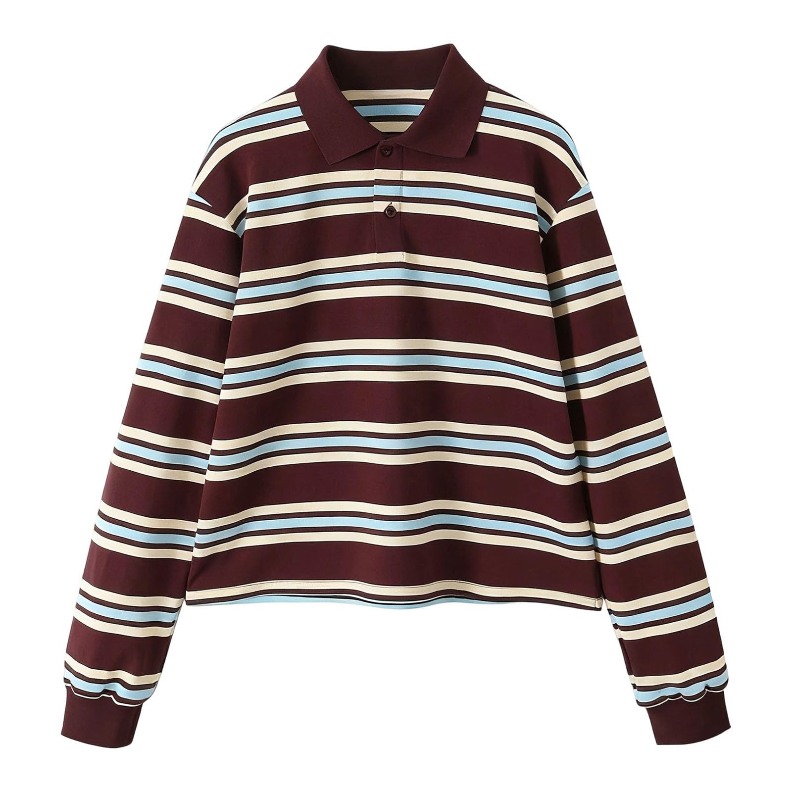 Polo da donna a righe, a maniche lunghe, con bottoni, vestibilità normale, a maniche lunghe, con spalle sovrapposte