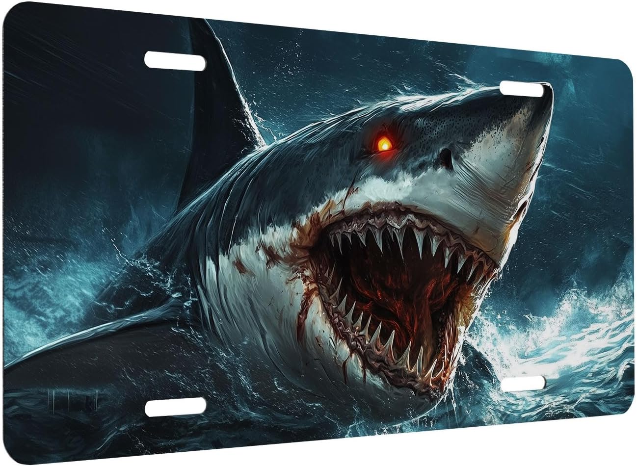 Shark Attack Front License Plate for Women Great White Horror Ocean Predator Car Vanity Plates Decorative Aluminum Metal Cute Novelty License Plate Cover for Men 6x12 Inch (4 Holes)