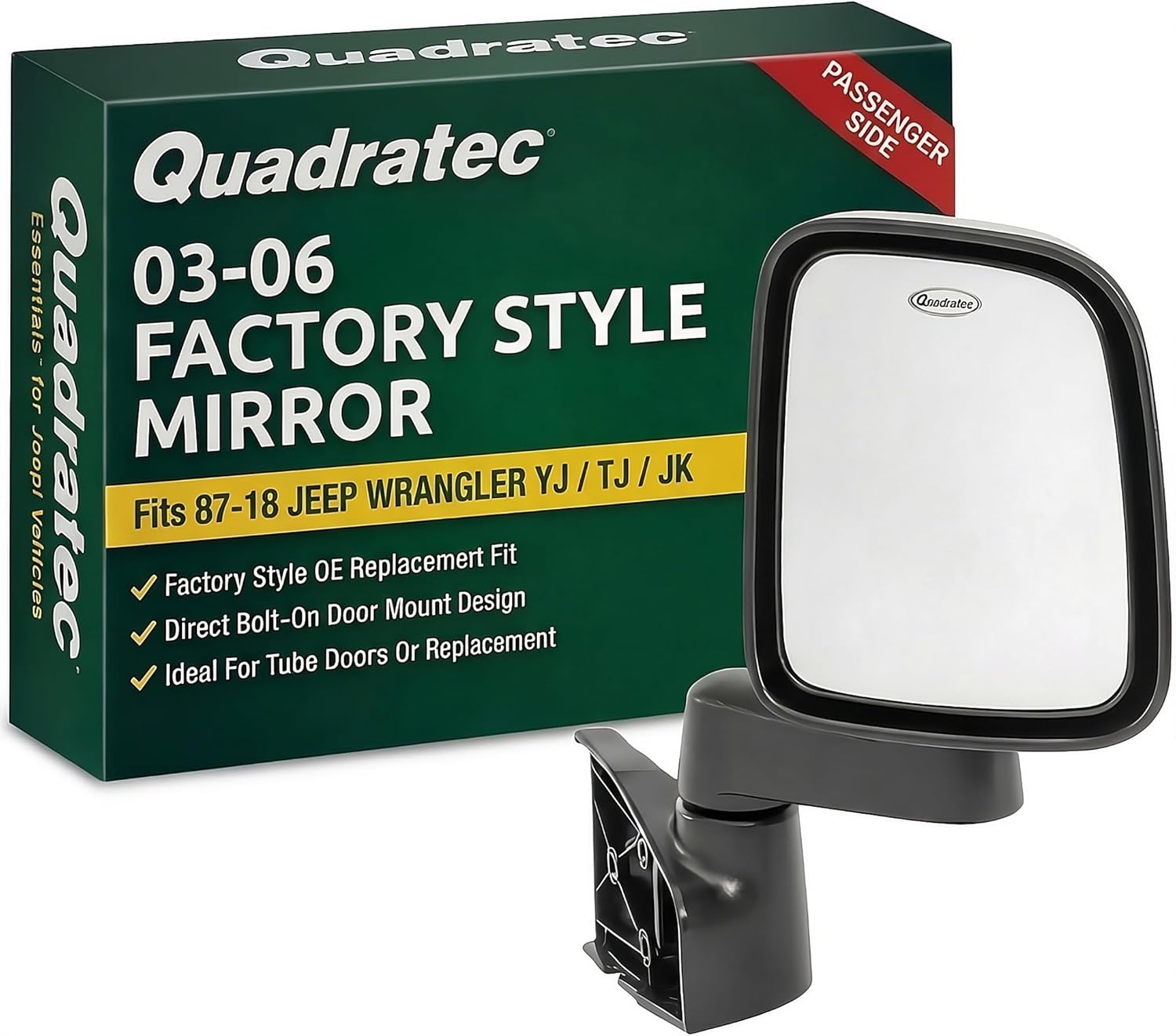 Quadratec 03-06 Factory Style Replacement Mirror, Passenger Side - Fits Jeep Wrangler 1987-2018 YJ, TJ, & JK - Extra Replacement Upgrade Mirror - Looks like OEM Factory Original