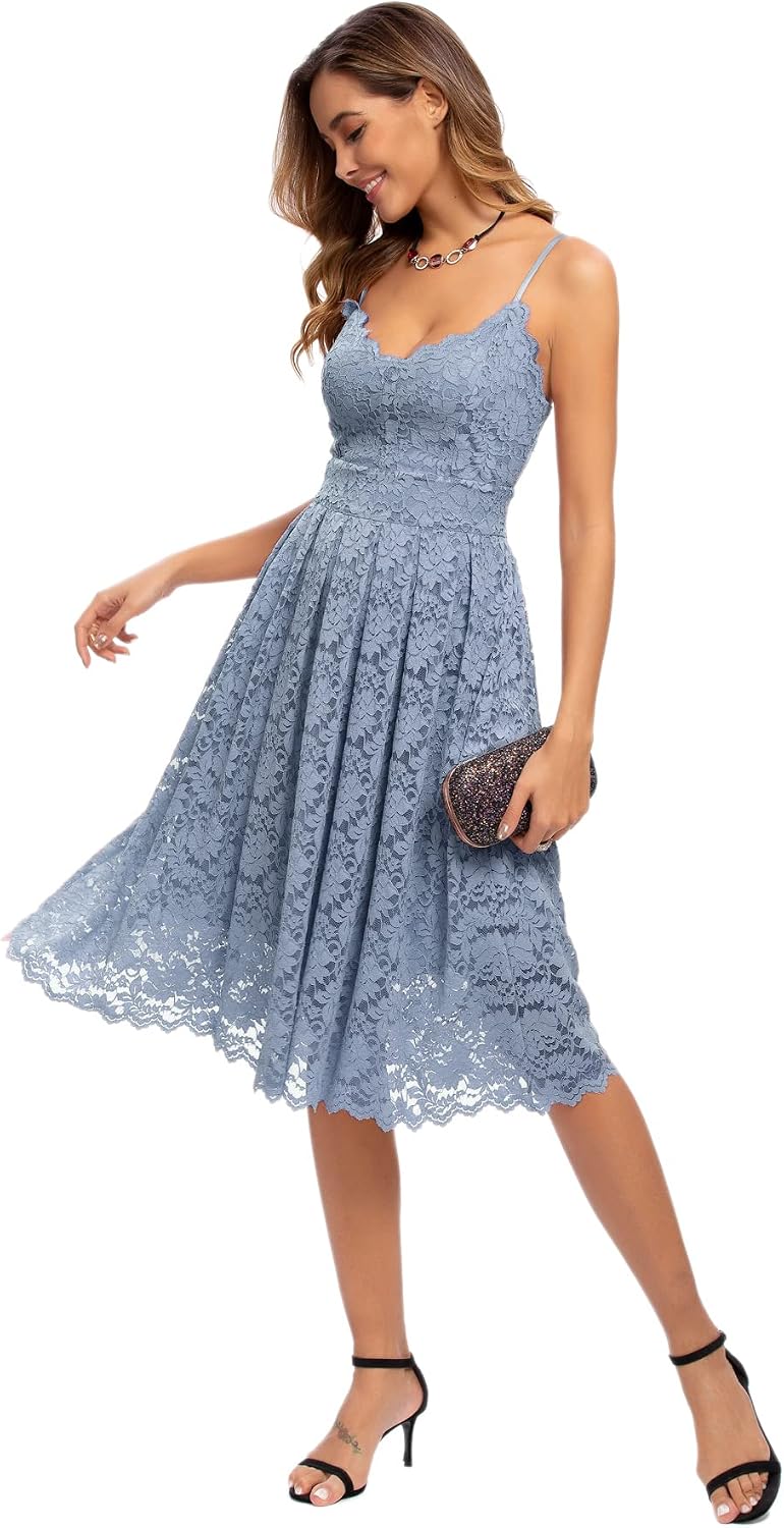 Atnlewhi Womens Spaghetti Strap V Neck Sleeveless A Line Lace Dresses for Evening Cocktail Formal Wedding Guest