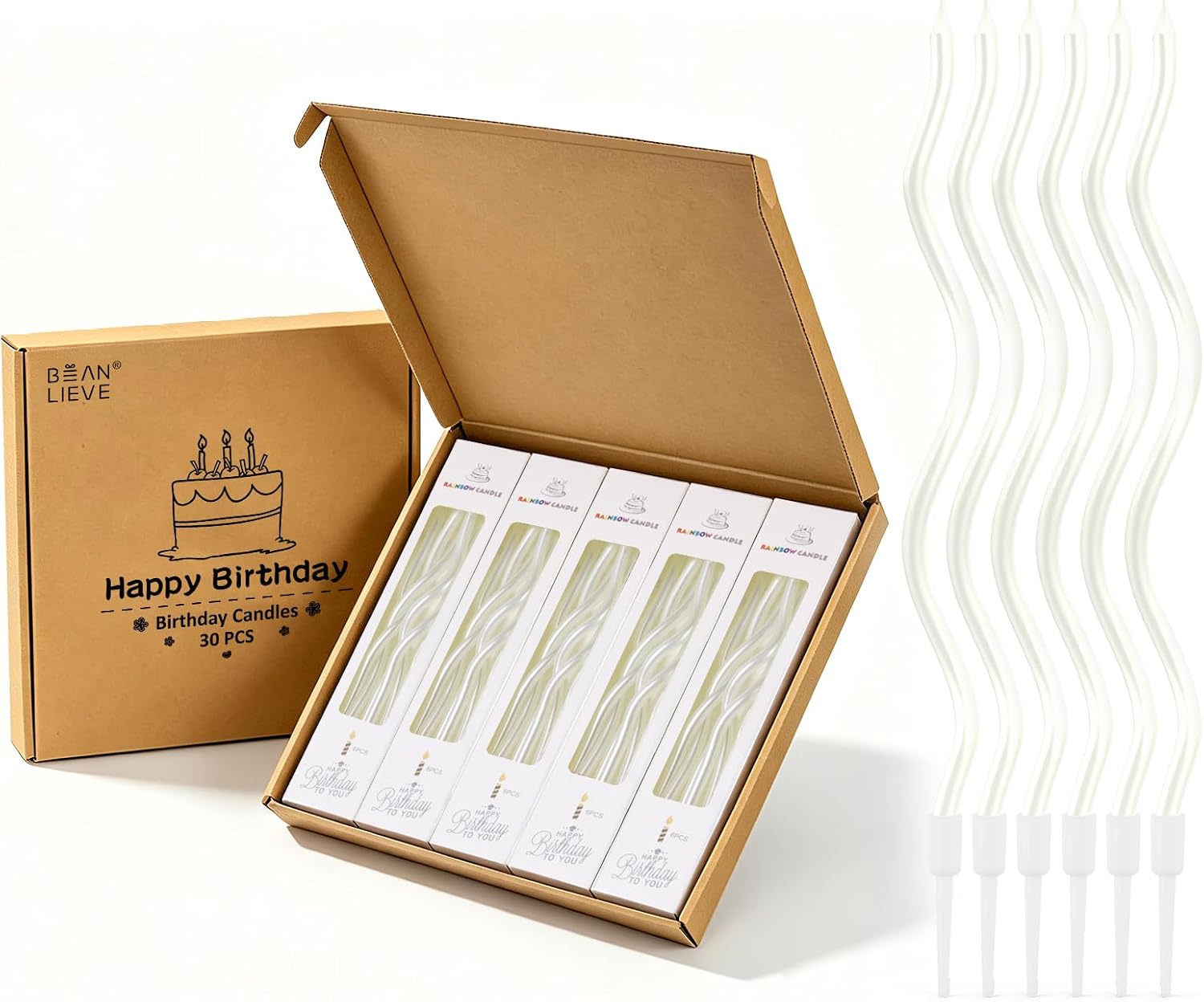 BEAN LIEVE 30-Count Spiral Birthday Candles - Elegant Twisted Design with Holders, Long-Lasting Burn for Birthdays, Weddings, Cupcakes & Family Celebrations (Pearl White)