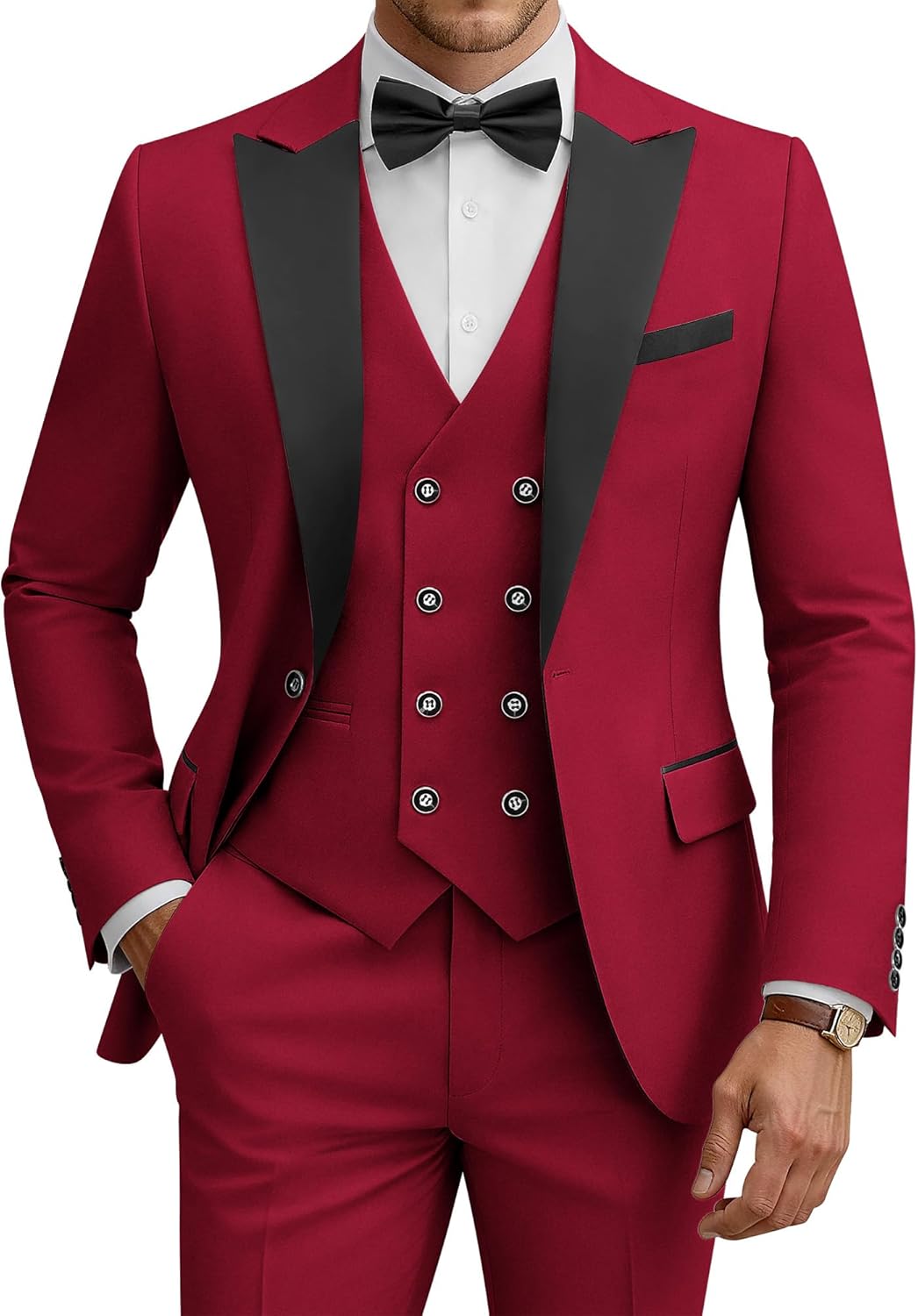 WULFUL Men's 3 Piece Suits Slim Fit Tuxedo Suit Set Double Breasted Suit Jacket Vest Pants Set for Wedding Prom