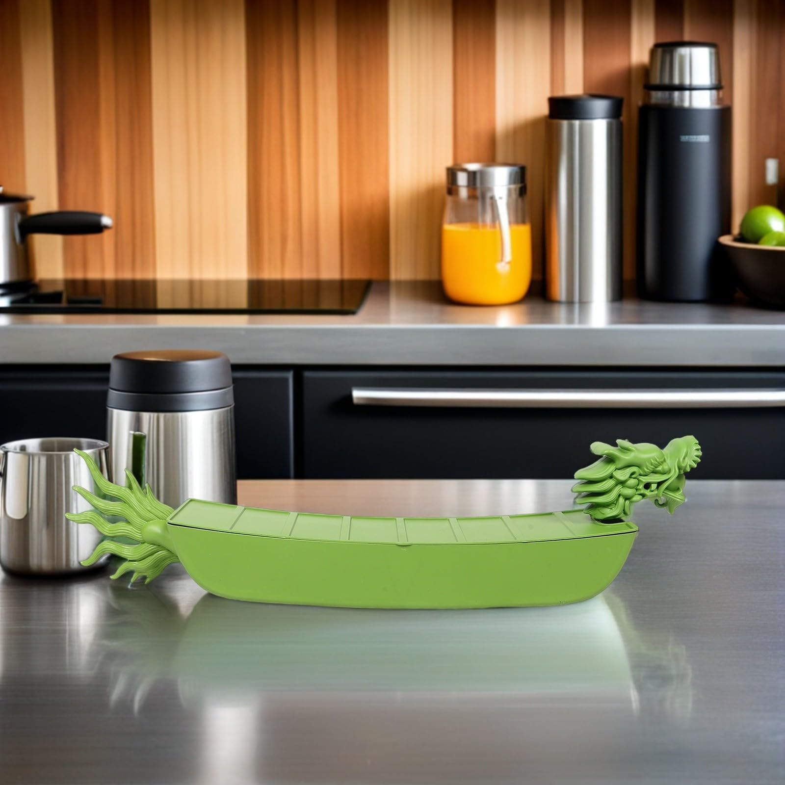 iplusmile Bandeja para Servir Forma de Barco Dragón para Zongzi | Verde, Plástico, 80x20x15cm, Apta para Snacks y Fruta, para Fiestas y Cenas Familiares