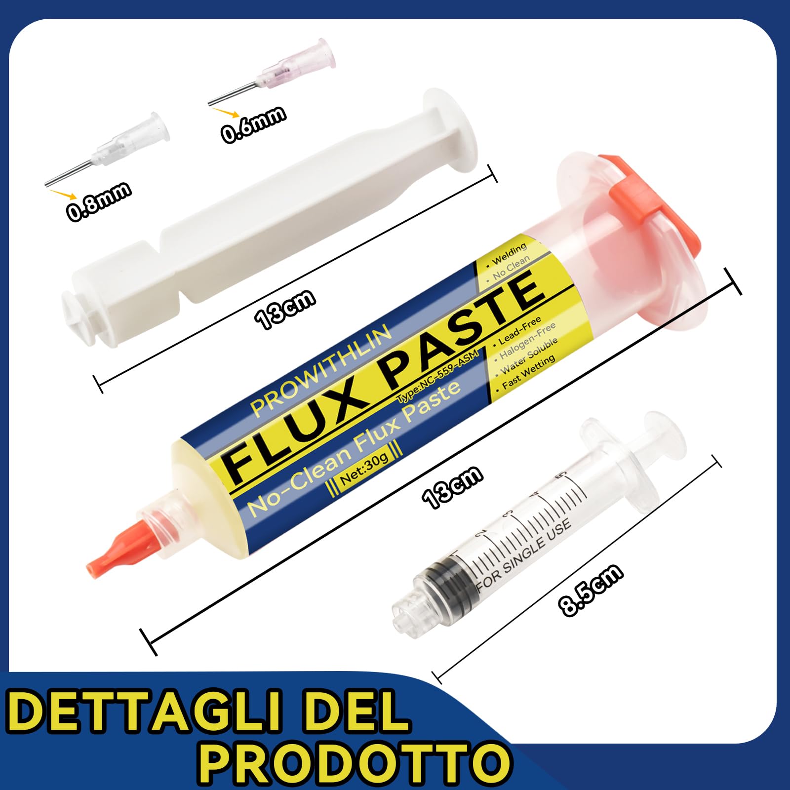 prowtihlin Stagno per Saldare 60ml, 2 Pezzi Paste per saldatura con 2 Aghi, 1 Spingitore & 1 Siringa - 60g Flussante per Saldatura a Stagno, ecc - Ideale per Saldatura a Stagno e Riparazioni BGA/PCB
