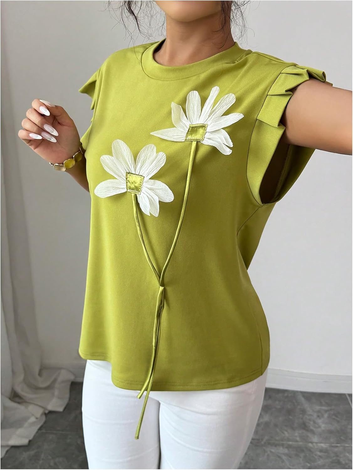 Verdusa Women's Boho 3D Floral Ruffle Cap Sleeve T Shirts Summer Going Out Tops - Image 5