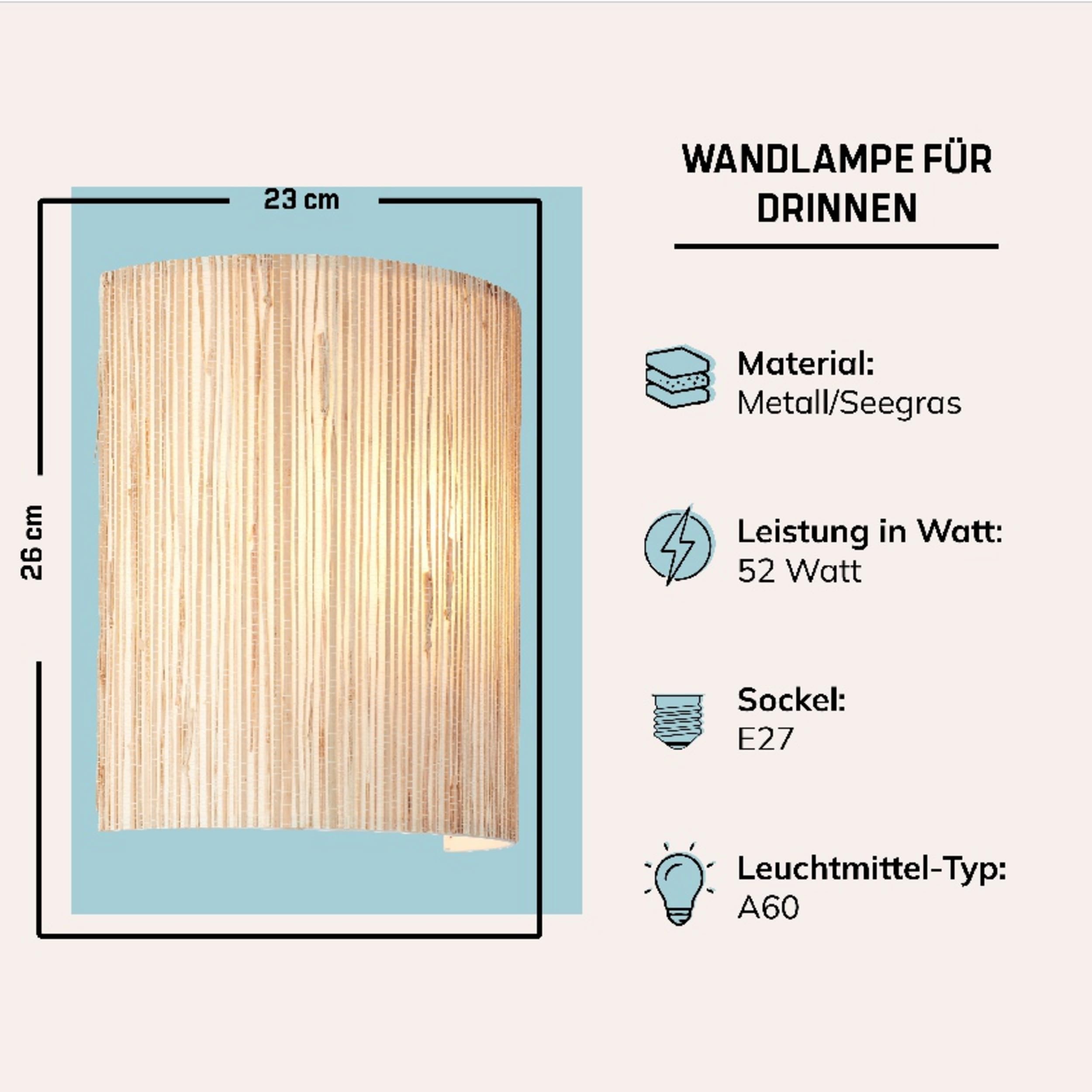 Lightbox Applique murale style nature - 26 x 23 cm - spot mural décoratif avec abat-jour en jonc de mer - dimmable uniquement avec variateur externe - pour le salon - douille E27 - en métal/jonc de