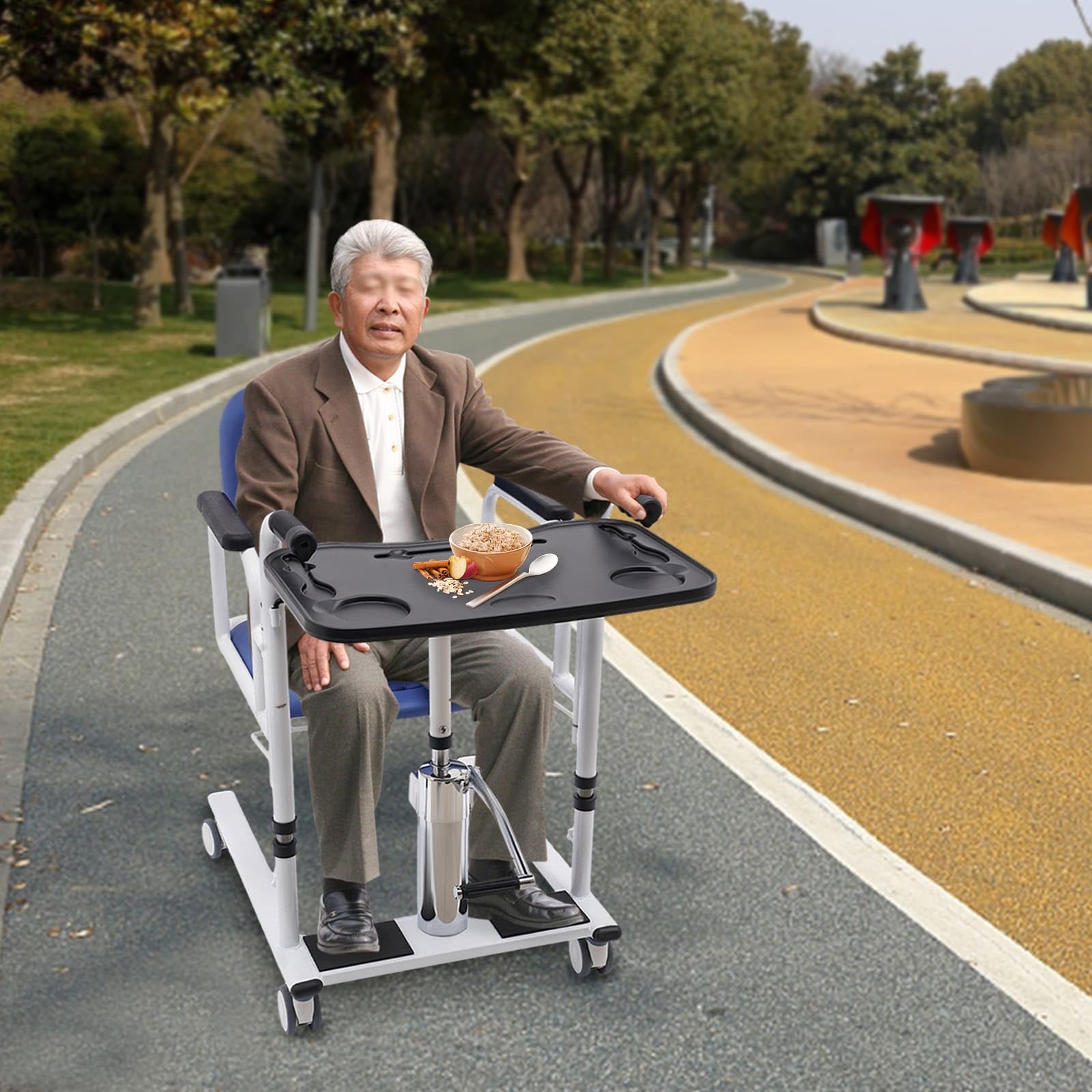 Sedia di trasferimento idraulica per pazienti e anziani, diviso a 180°, sedia multifunzionale altezza regolabile con ruote universali, tavolo da pranzo e vaso portatile (blu)
