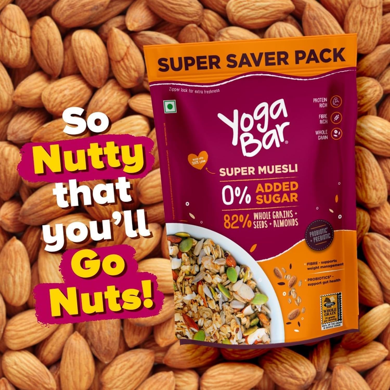 Yogabar Super Muesli, No Added or Hidden Sugar, Breakfast Muesli with Probiotics & Prebiotics, 82% Whole Grains+ Seeds+ Almonds, 400gm Each 1