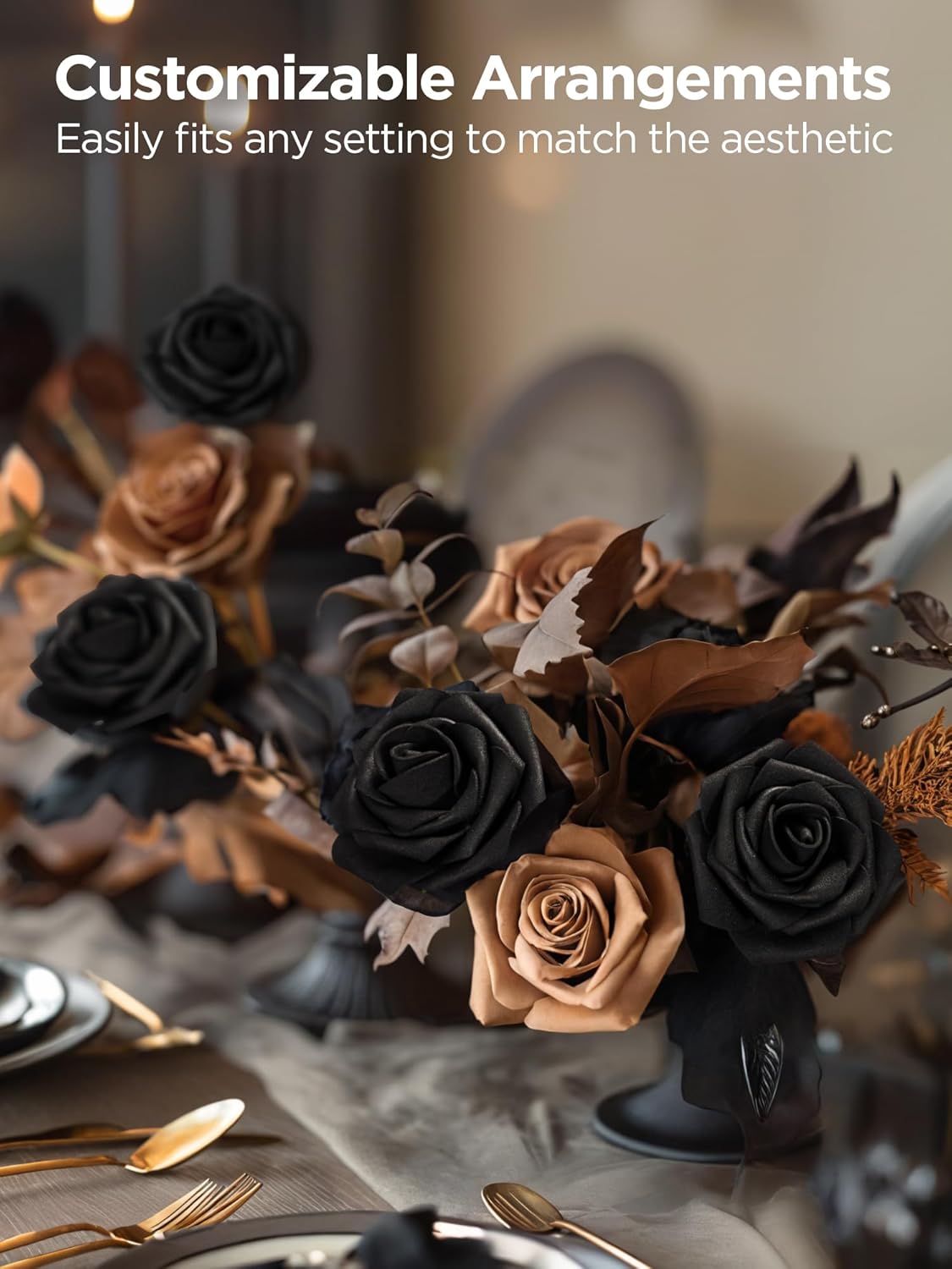 InnoGear Artificial Flowers, 50 Pcs Black Foam Fake Roses Bulk with Stems for Decoration DIY Wedding Bouquets Centerpieces Bridal Shower Party Valentines Christmas Tree - Image 6