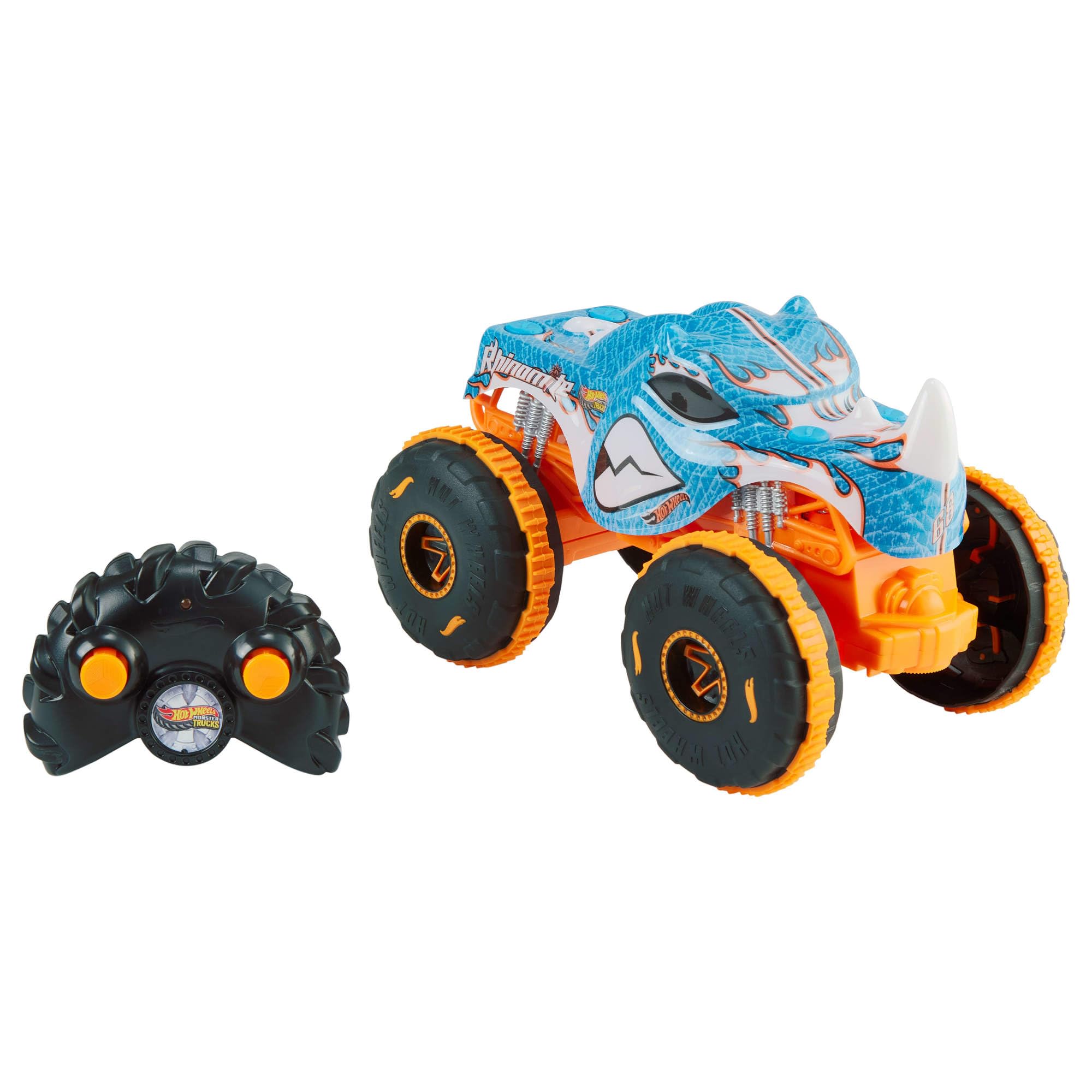 Hot Wheels Monster Trucks - Rhinomite R/C, camion radiocomandato in scala 1:24, con pneumatici Grip Action adatti a tutti i tipi di terreno e portata di 30 metri, 4+ anni, JBK11