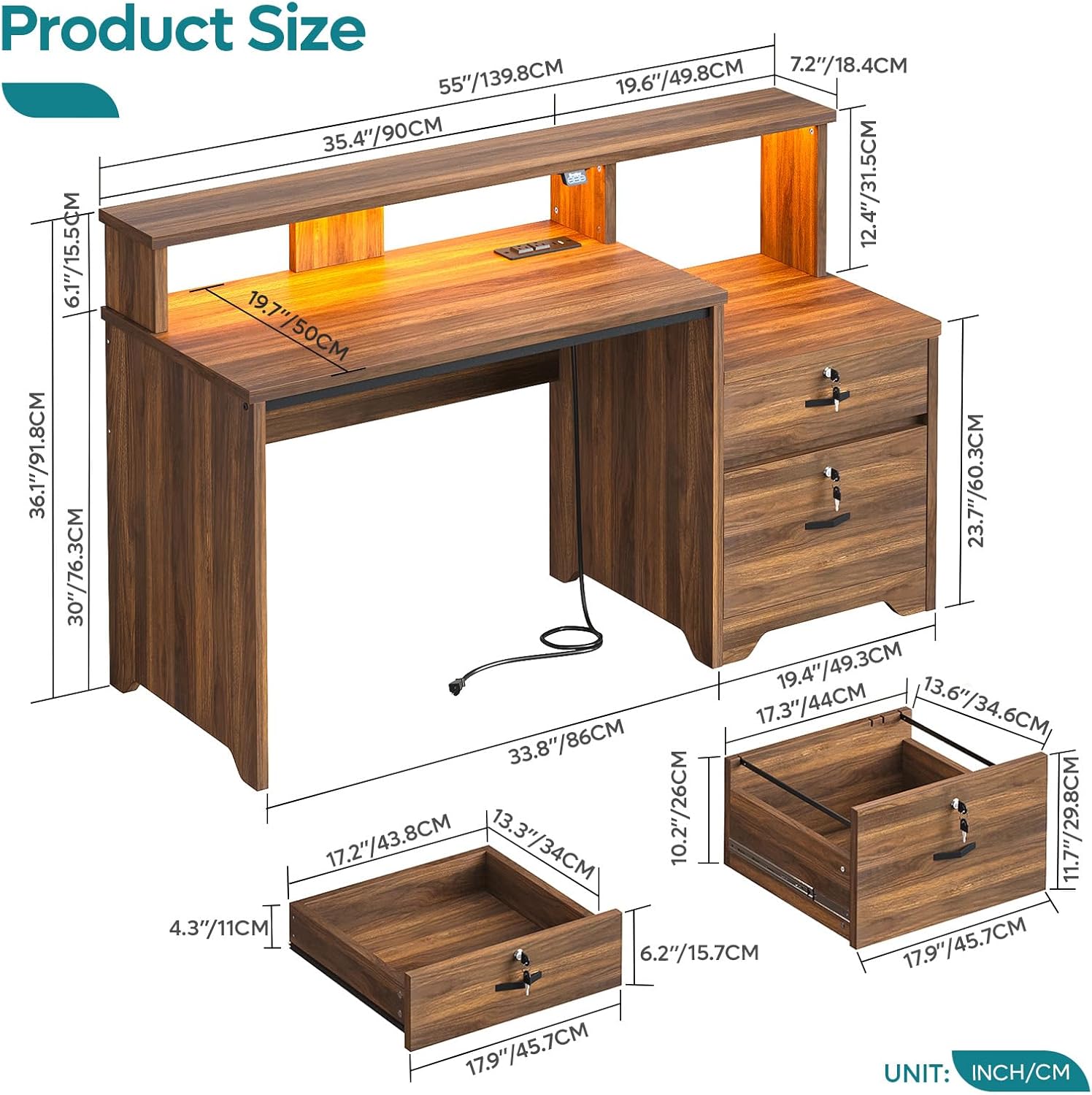 Bestier 55 Inch Wood Computer Desk with Lockable File Drawer, Charging Station & LED Lights - Home Office Desk with Storage Shelves, Printer Shelf & Monitor Stand, Wooden Desk for Study & Work, Walnut