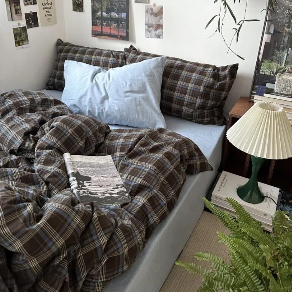 Plaid Duvet Cover Set Queen Size,Brown Blue Gingham Patterned Bedding Set for Girls Boys,Modern Soft Breathable Microfiber Comforter Cover 3 Pieces with Zipper Closure and 2 Pillow Shams