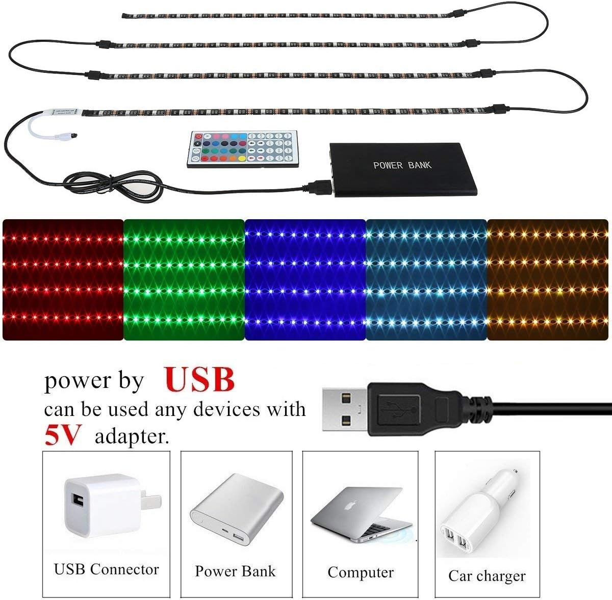 HOUHUI USB LED Strip Lights Kit, Light 4 Pre-Cut 1.64ft/6.56ft LED Light Strips, Color Changing TV Backlights with Remote, RGB 5050 Bias Lighting for TV, PC, Monitor, Home Theater, DIY Decoration