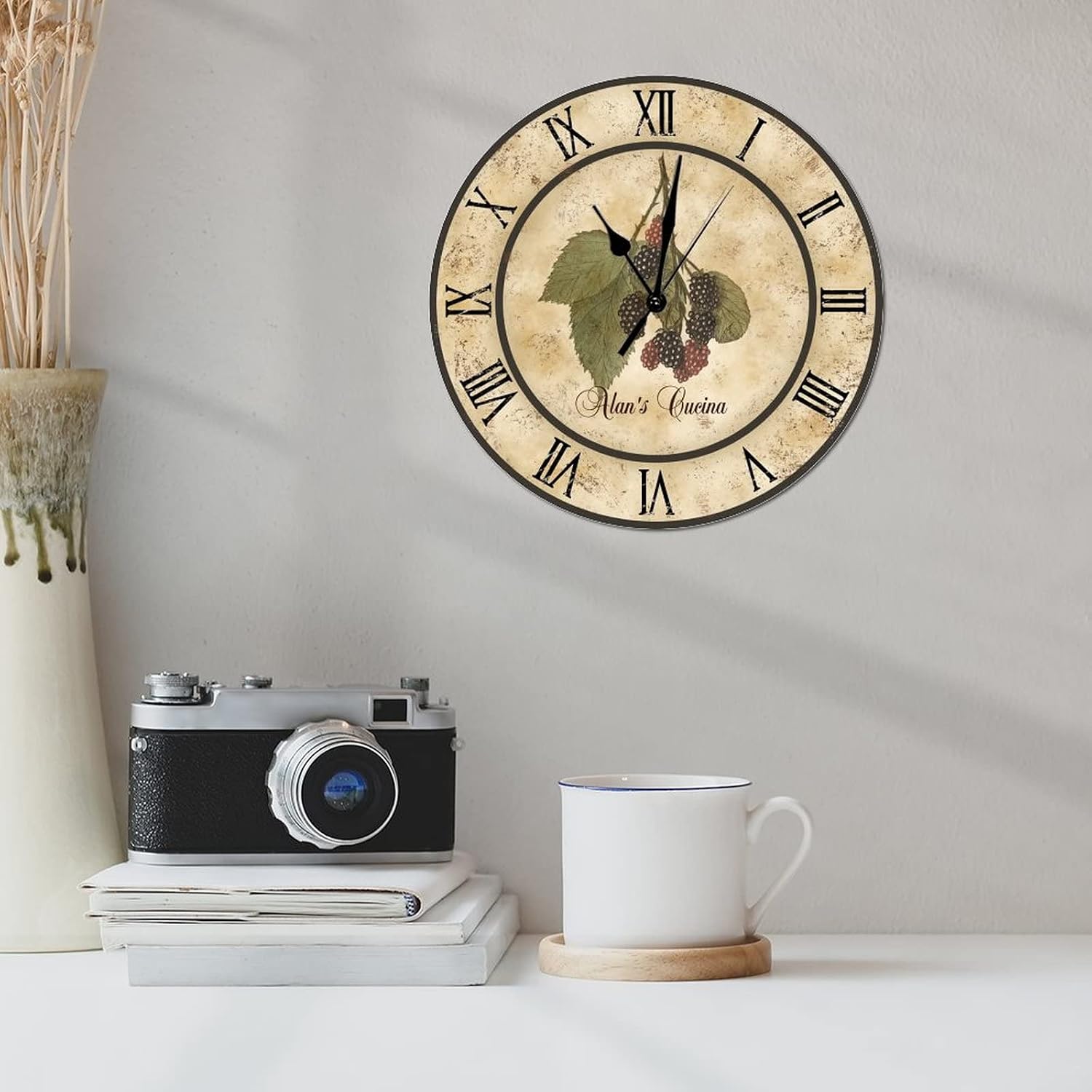 Raspberry Cucina Personalized Wall Clock Fruit of The Spirit Numeral Clock Silent Movement Battery Operated 10 inch Worn Farmhouse Clock for Bathroom School Living Room Home Office