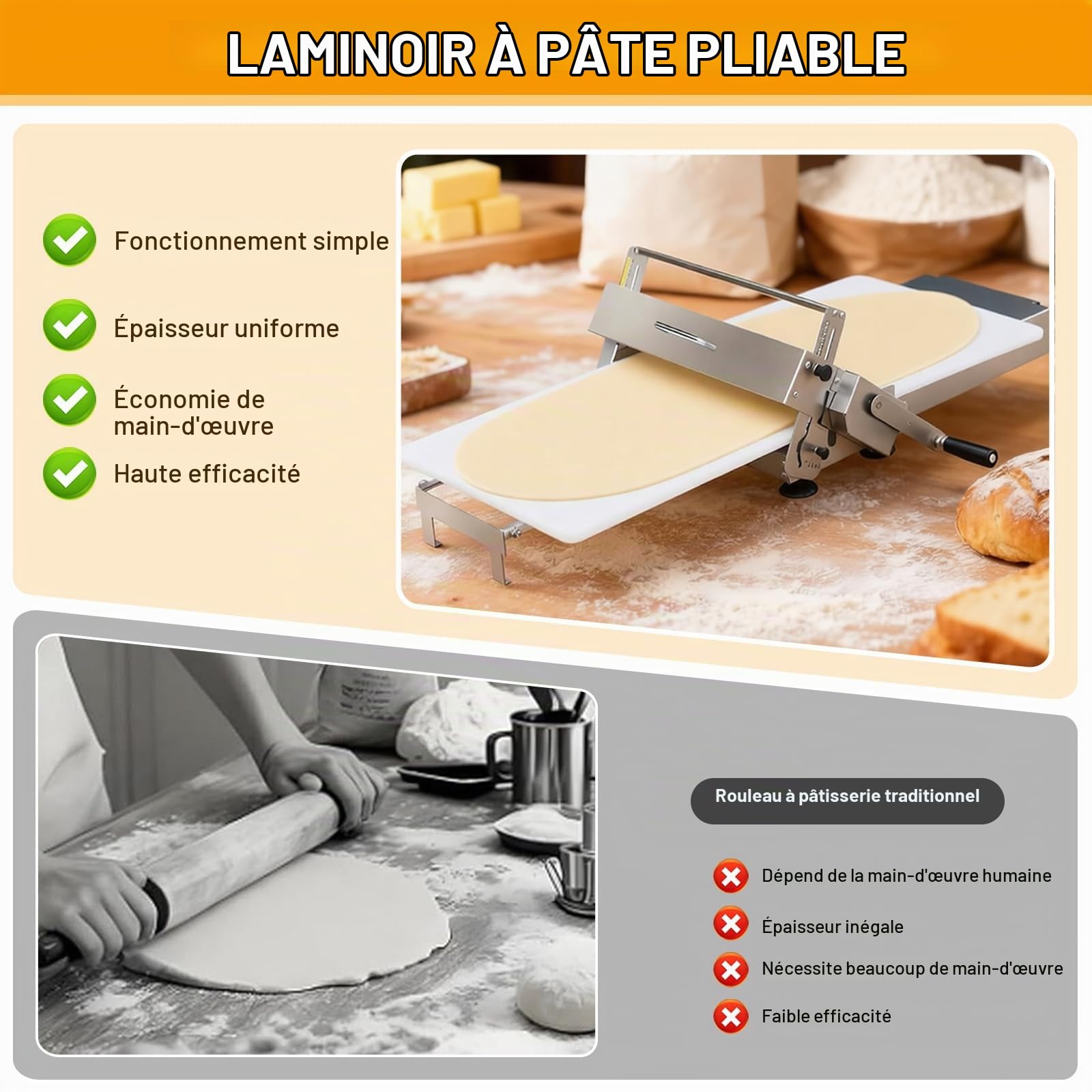 Laminoir à Pâte Pliable Professionnel Laminoir Patisserie Manuel avec épaisseur Réglable 0-25 mm Laminoir à Pâte Feuilletée en Acier Inoxydable pour Croissant Pizza Pain Pâtisserie Boulangerie