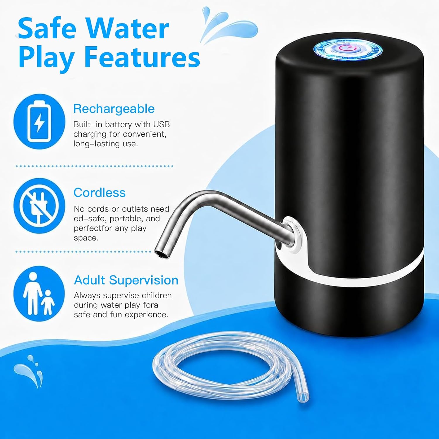 Water Table Pump for Kids, Rechargeable Automatic Continuous Flow Water Pump for Water Table, USB Powered Replacement Pump, Universal Water Table Accessory（Black）