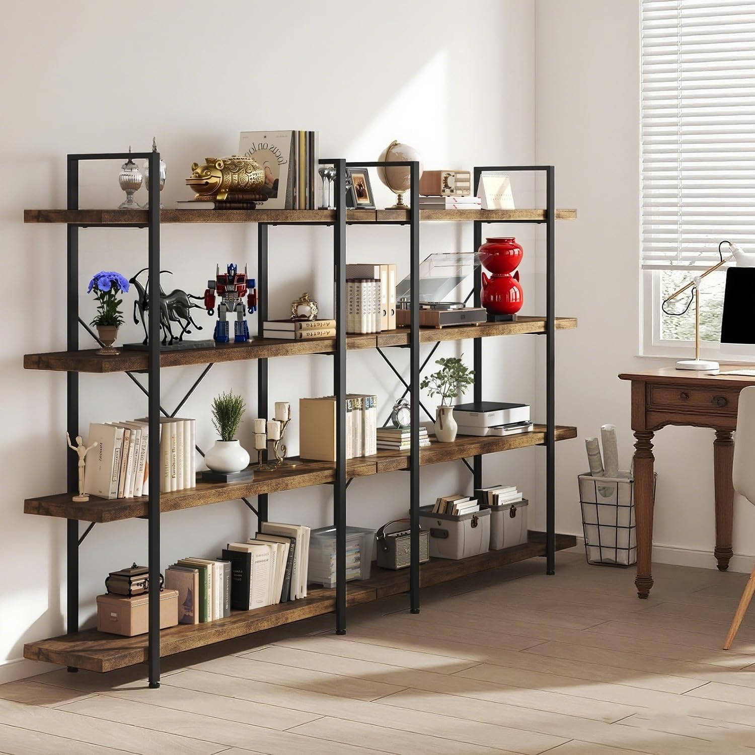 4 Tier Book Shelf, 47'' Wide Wood Industrial Bookshelf, 120lbs Shelf Capacity, Open Storage Shelves, 55'' Tall Heavy Duty Display Shelving, Rustic Brown Bookcase for Bedroom,Living Room,Office