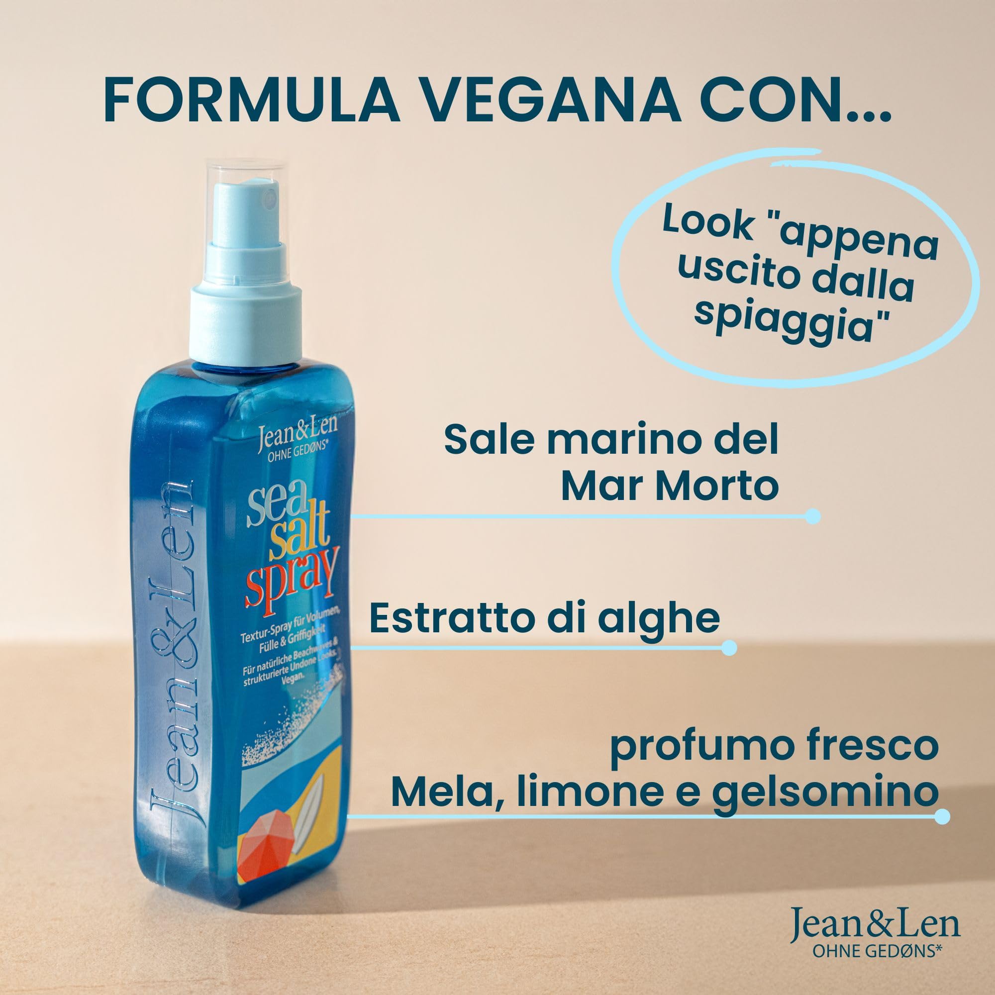 Jean & Len Sea Salt Spray per volume, corpo e tenuta, con sale marino ed estratto di alghe, per beachwaves e look undone, senza siliconi e parabeni, vegano, 200 ml