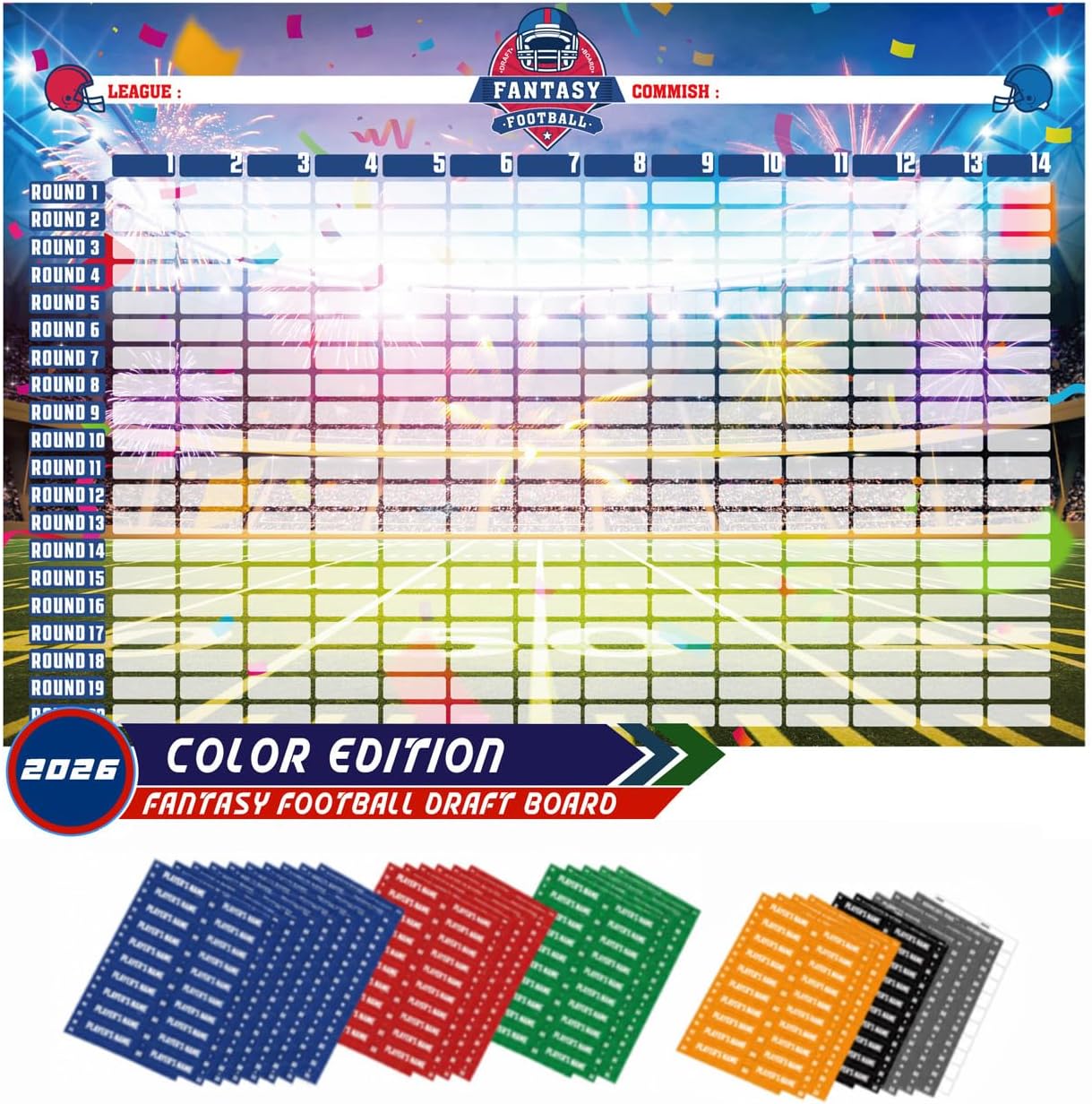 Fantasy Football Draft Board 2026, Extra Large 63inch x 43inch 2026-2027 Fantasy Draft Board Kit for 32 Teams & 20 Rounds, Updated 640+ Player Stickers, Blank Labels, Draft Party Supplies