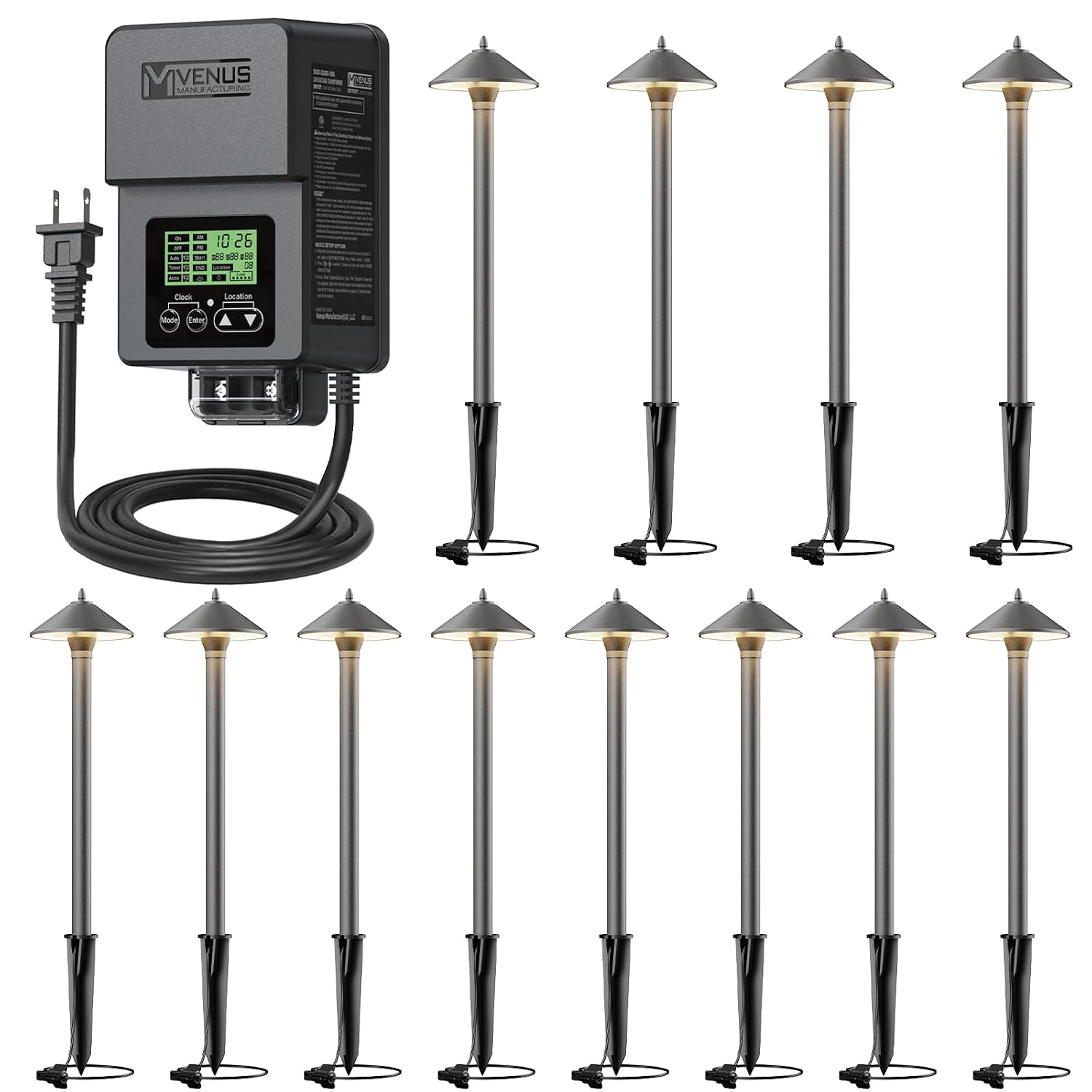 VENUS MANUFACTURING Outdoor Low Voltage Transformer 120W & 1.2W LED Pathway Light Outdoor Low Voltage Landscape Lighting 2700K Warm White 40 Lumen 12V Walkway Lights 12Pack