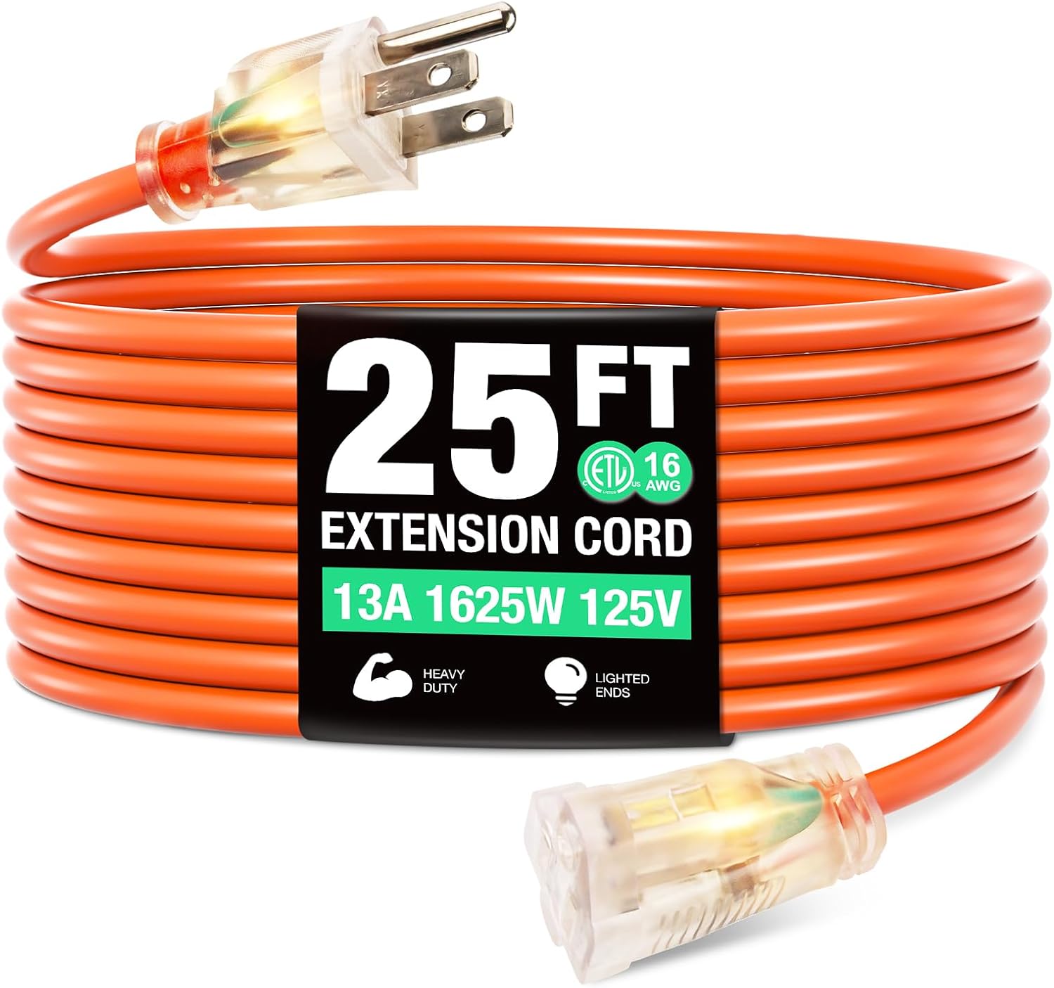 25FT Outdoor Extension Cord, Heavy Duty Extension Cord with 16/3 Gauge and 100% OFC Wire, Extra-Thick Insulation, Sturdy Jacket, Waterproof, Resistant to Heat and Cold for Home, Office, Outdoor