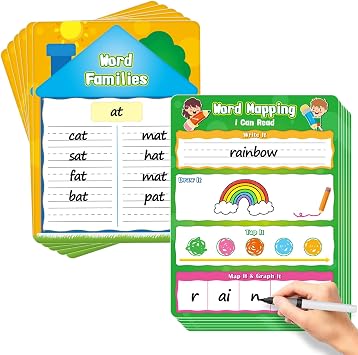 12 Packs Word Families Read and Rhyme Phonemic Awareness Board | Speech Therapy Dry Erase Phonics Games Flash Cards, Elkonin Boxes Science of Reading Manipulatives Classroom Must Have