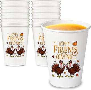 Friendsgiving Paper Cups, 50 Pack Funny Thanksgiving Cups Party Decor Supplies, 12 oz Disposable Drinking Cups for Coffee Cocoa Beverages Tea, Cute Turkey Friendsgiving Gifts for Women Men