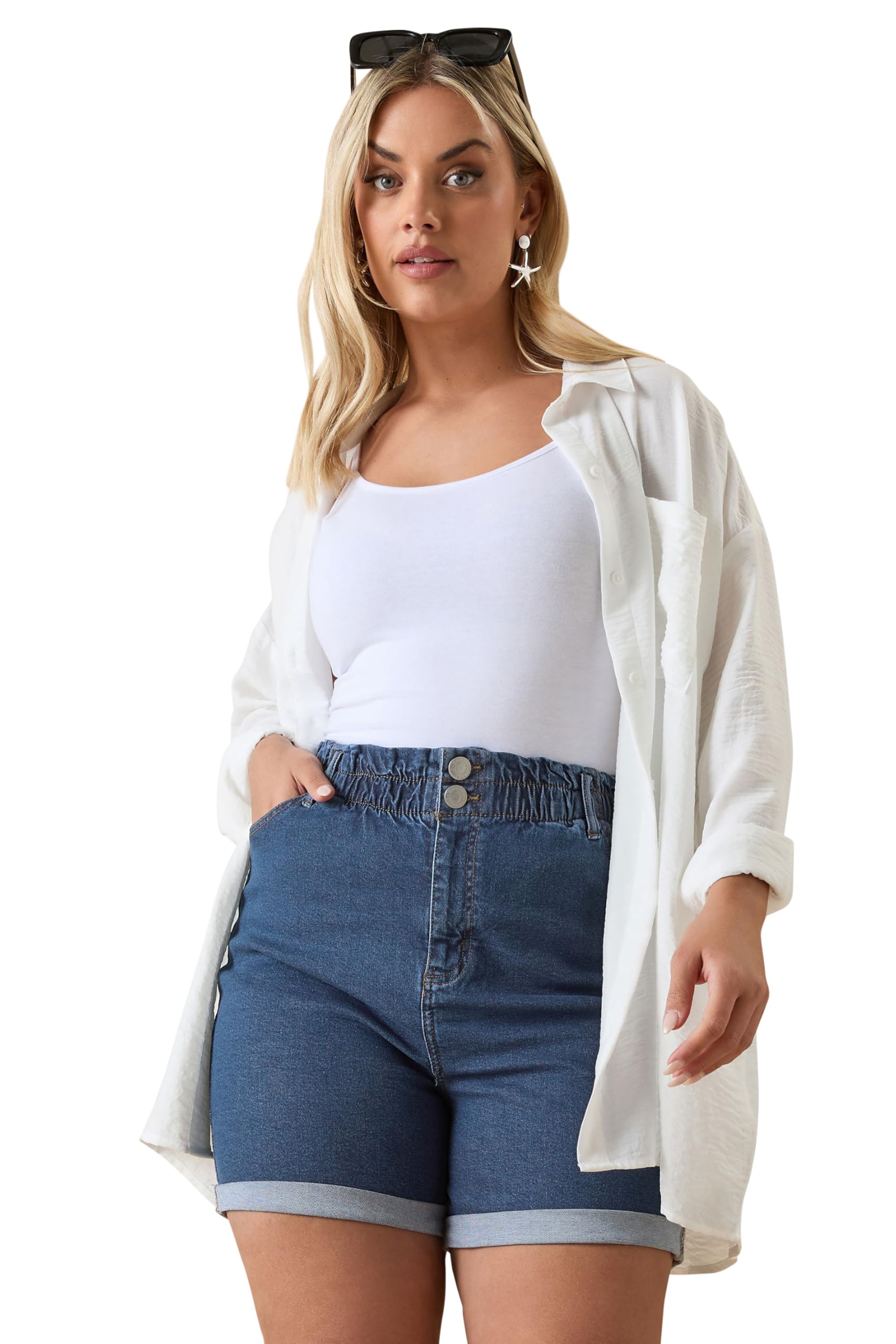 Yours Curve Women's Plus Size Elasticated Waist Turn Up Denim Shorts