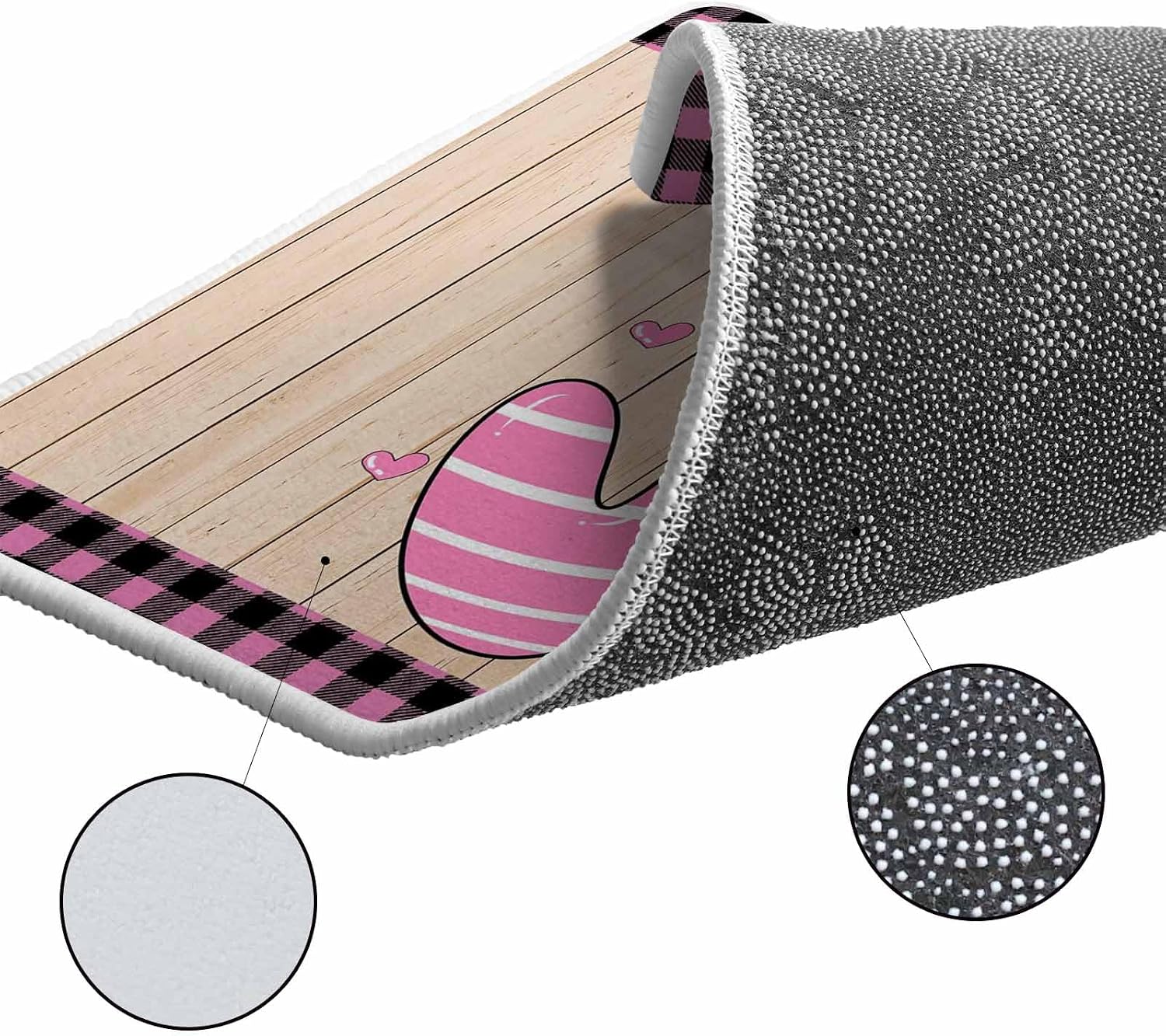 Happy Valentine's Day Kitchen Rugs and Mats Set of 2, Non-Slip Kitchen Sink Mat, Love Heart Wood Pink Black Plaid Washable Doormat Bathroom Rugs Runner for Bedroom/Living Room 19.7"x31.5"+19.7"x47.2"