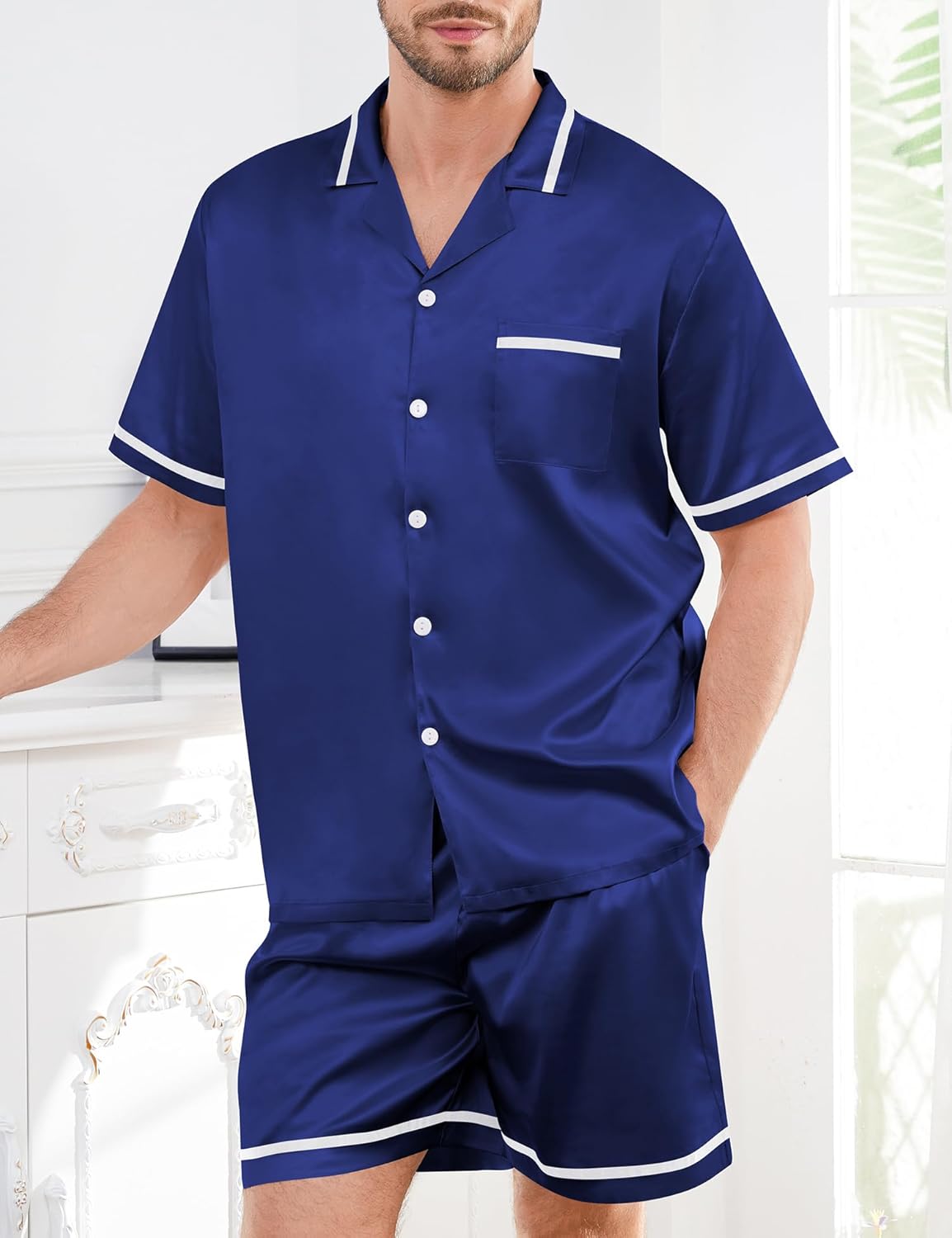 SWOMOG Men Satin Silk Pajamas Sets with Pockets Button-Down PJs Sets Short Sleeve Classic Sleepwear 2 Piece Loungewear - Image 3