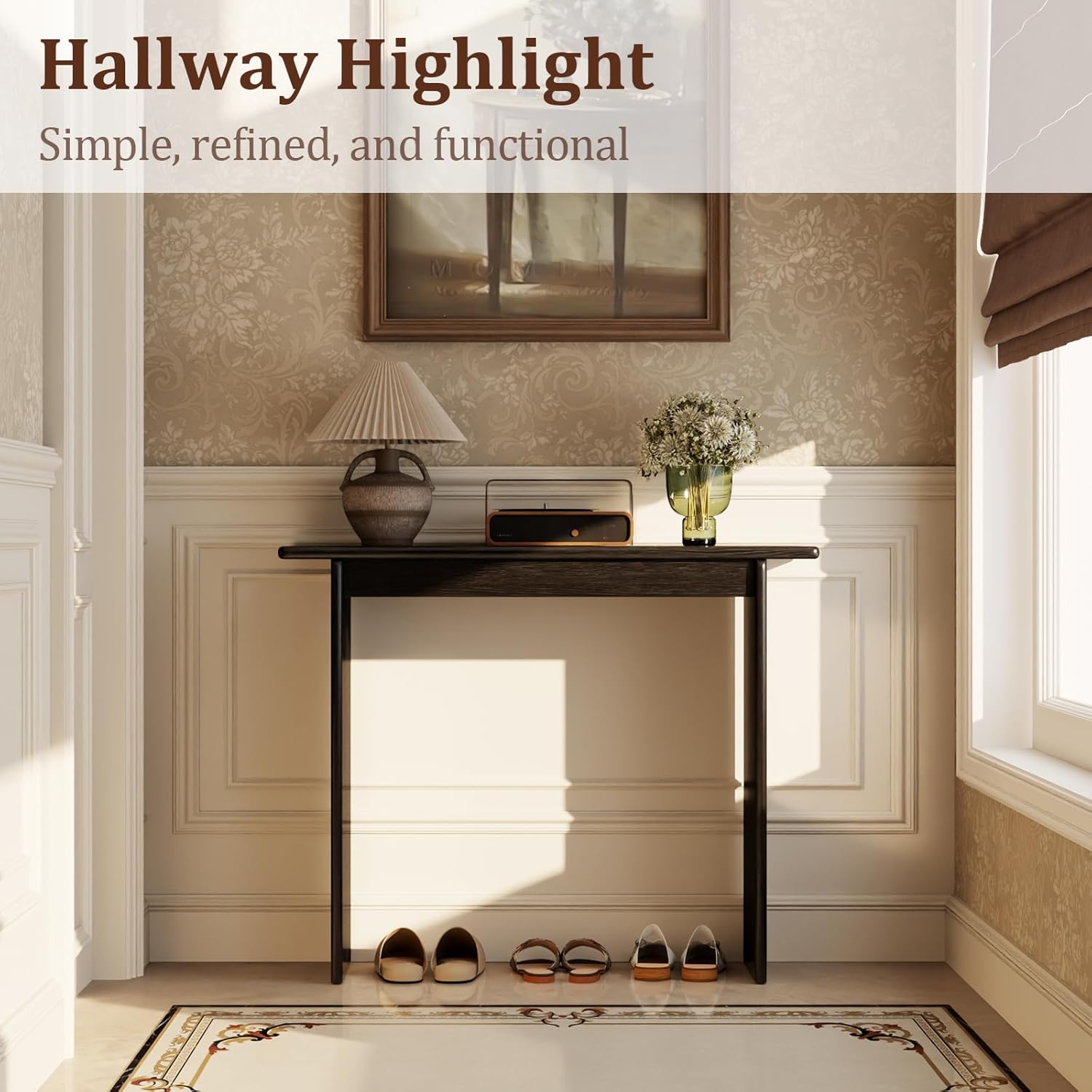 AQIMUELE Black Console Table Thin Rubberwood Minimalist Mid-Century Style | Stable and Sturdy 11.8" D x 39.4" W x 31.5" H for Entryway/Sofa Back