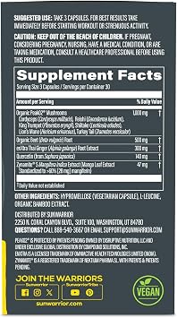 Sunwarrior Energy & Stamina Capsules, Caffeine-Free Strength Support, Mushrooms, Thai Ginger for Endurance, Power & Faster Recovery 60 Vegan Capsules