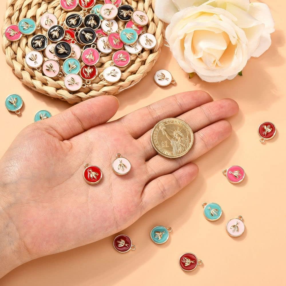 LiQunSweet 60 Pcs 6 Colors Enamel LightGold Charms Flat Round Bee Animal Honeybee Mini Charm for Jewelry Making