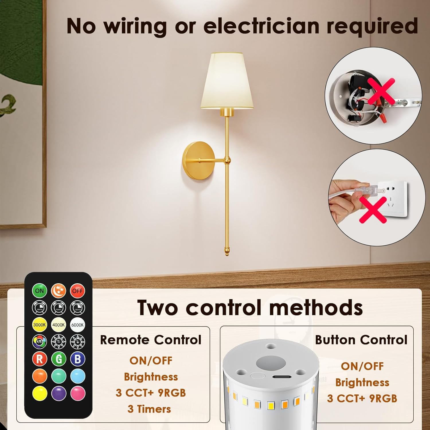 Image showing the remote control with various buttons for power, brightness, color temperature, RGB colors, and timer functions, alongside a diagram of the bulb's manual control button.