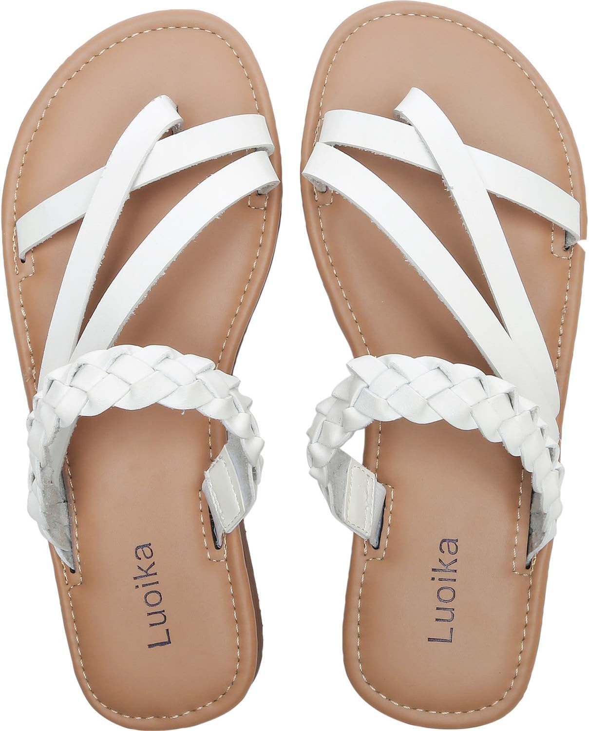 Luoika Women's Wide Width Slide Sandals - Slip On Flat Braided Strap Open Toe Summer Shoes.(181235,White,12)