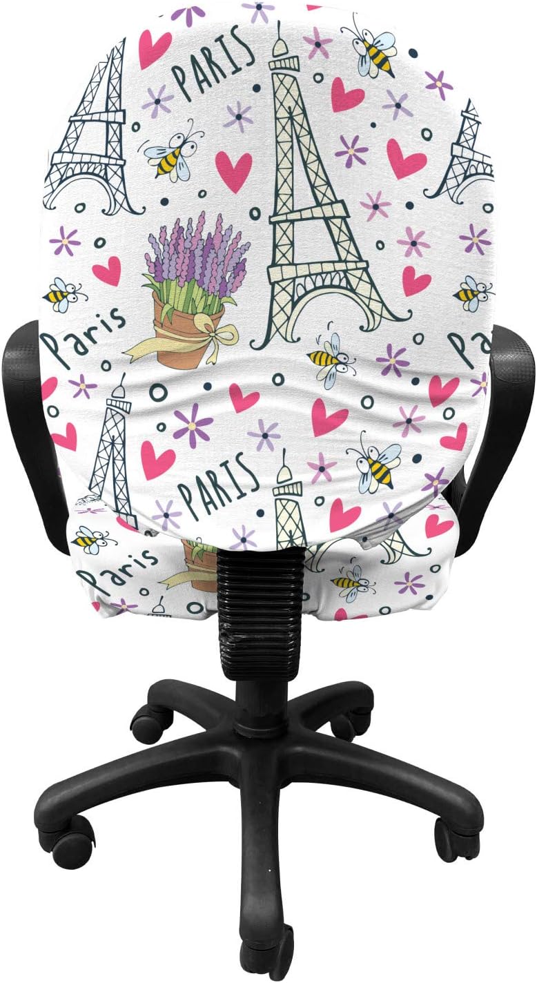 Ambesonne Eiffel Tower Office Chair Slipcover, Romantic Doodle Style Elements Scattered Bees Flowers Hearts and Plants, Protective Stretch Decorative Fabric Cover, Pink Multicolor
