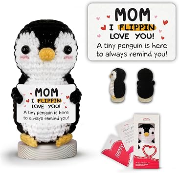 Gossby Gift for Mom - Positive Penguin Crochet with Card - I Flippin Love You - Mom Gift from Daughter, Son, Kid - Mothers Day, Christmas, Birthday Gifts - Handmade Crochet Animal with Message