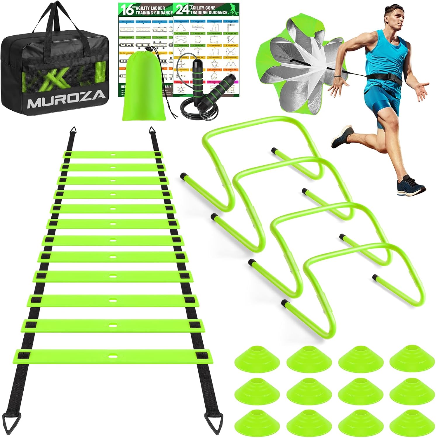 Agility Ladder Speed Training Equipment Set-20ft Agility Ladder,12 Soccer Cones,4 Hurdles, Jump Rope, Running Parachute, Basketball Football Soccer Training Equipment for Kids, Youth, Adults