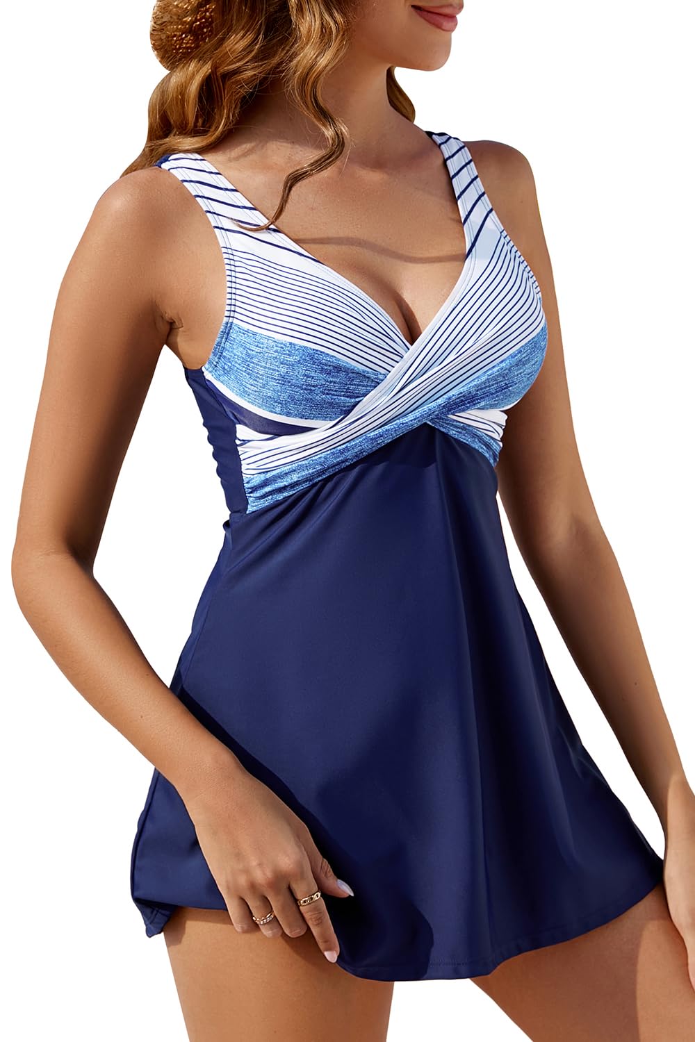 Viloree Tankini Donna Mare Curvy Set con Stampa Costumi Donna Mare Due Pezzi Costume da Bagno Donna con Pantaloncino Blu Scuro & Bianco Righe XXL