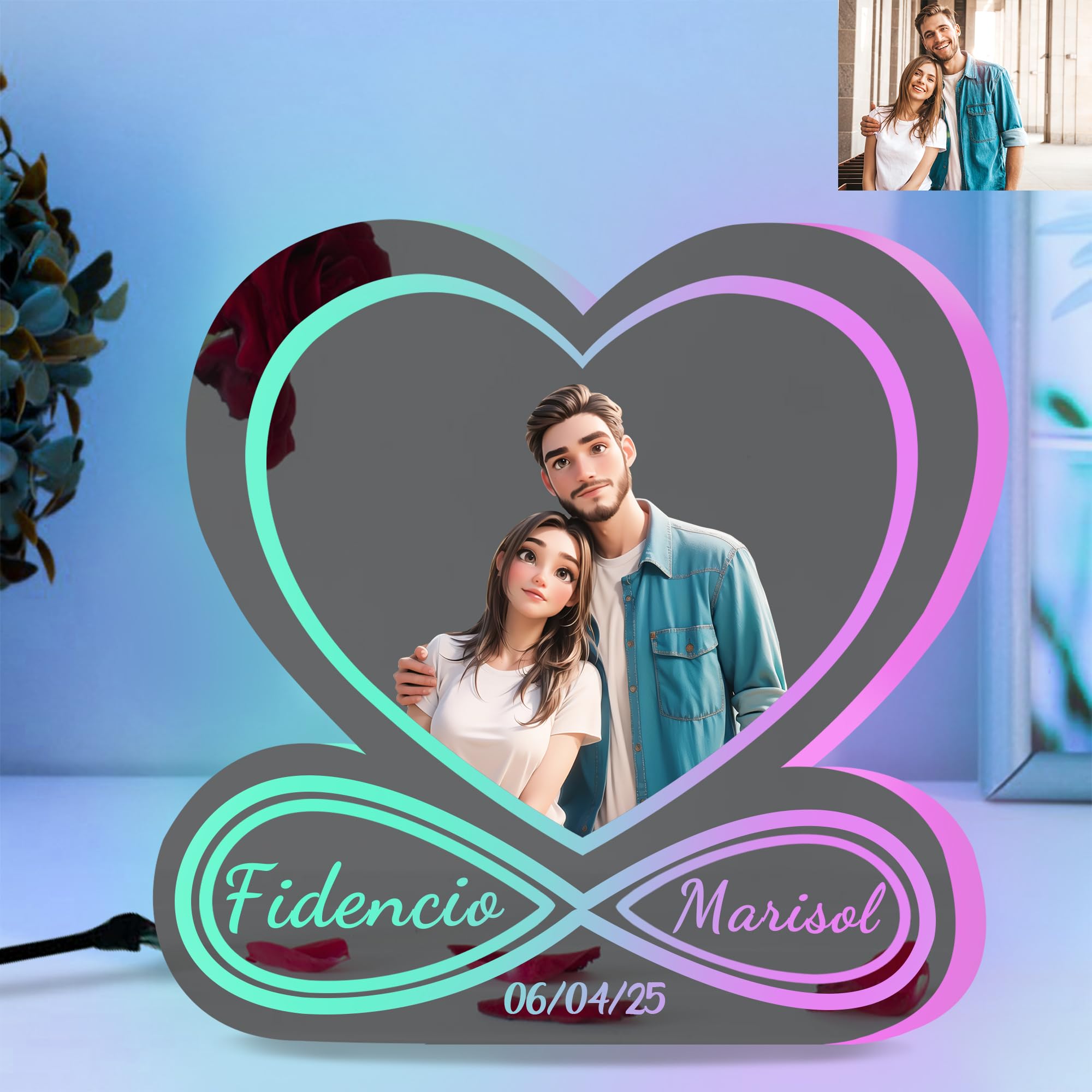 Custom Valentine's Day Infinity Love Heart Mirror Light, Personalized Photo Infinity Love Name LED Light Up Mirror Picture Frame, Customize Couples Name Mirror Night Light Gifts for Women Her (S14)